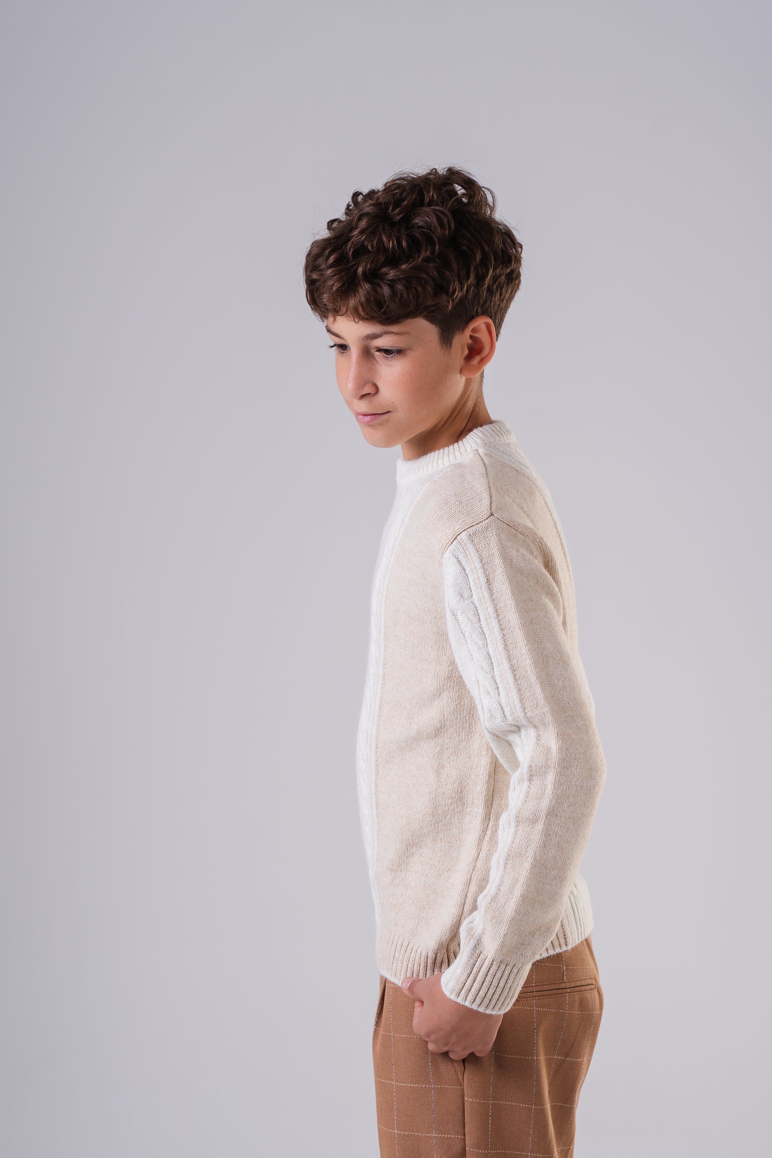 Boy's Textured Crewneck Sweater with Chunky Cable Knit