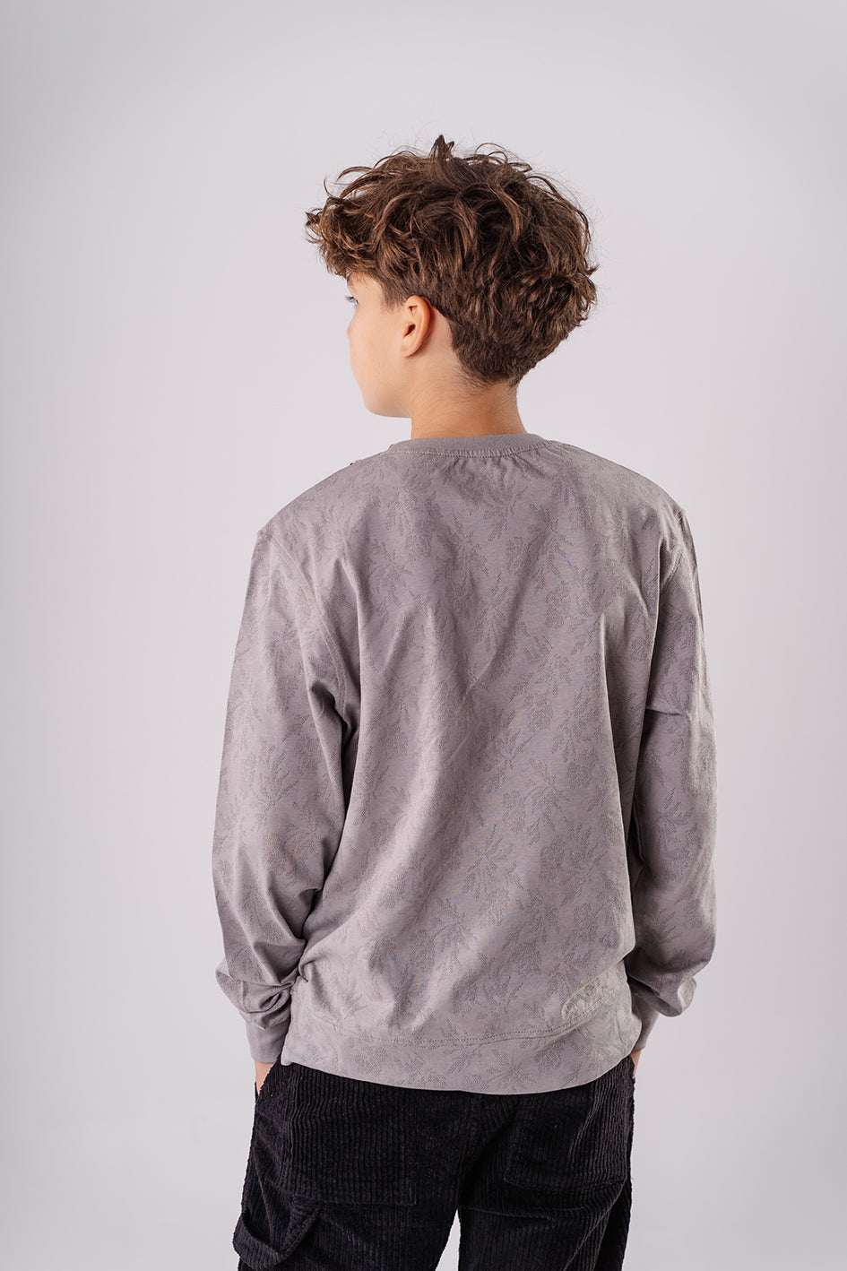 Boys Gray Crew Neck Sweatshirt With Embroidery