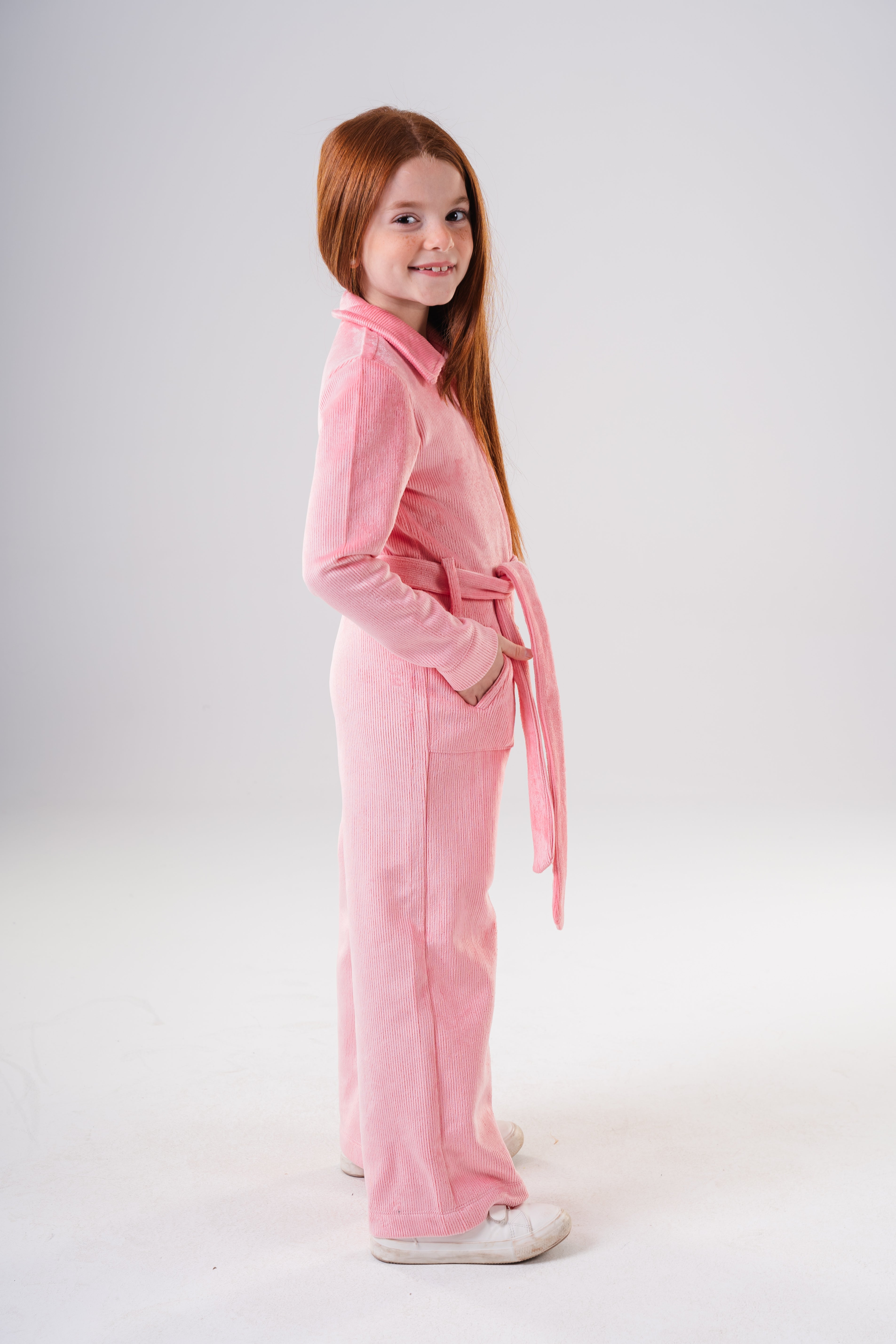 Girls High-Texture Corduroy Long Sleeve Jumpsuit