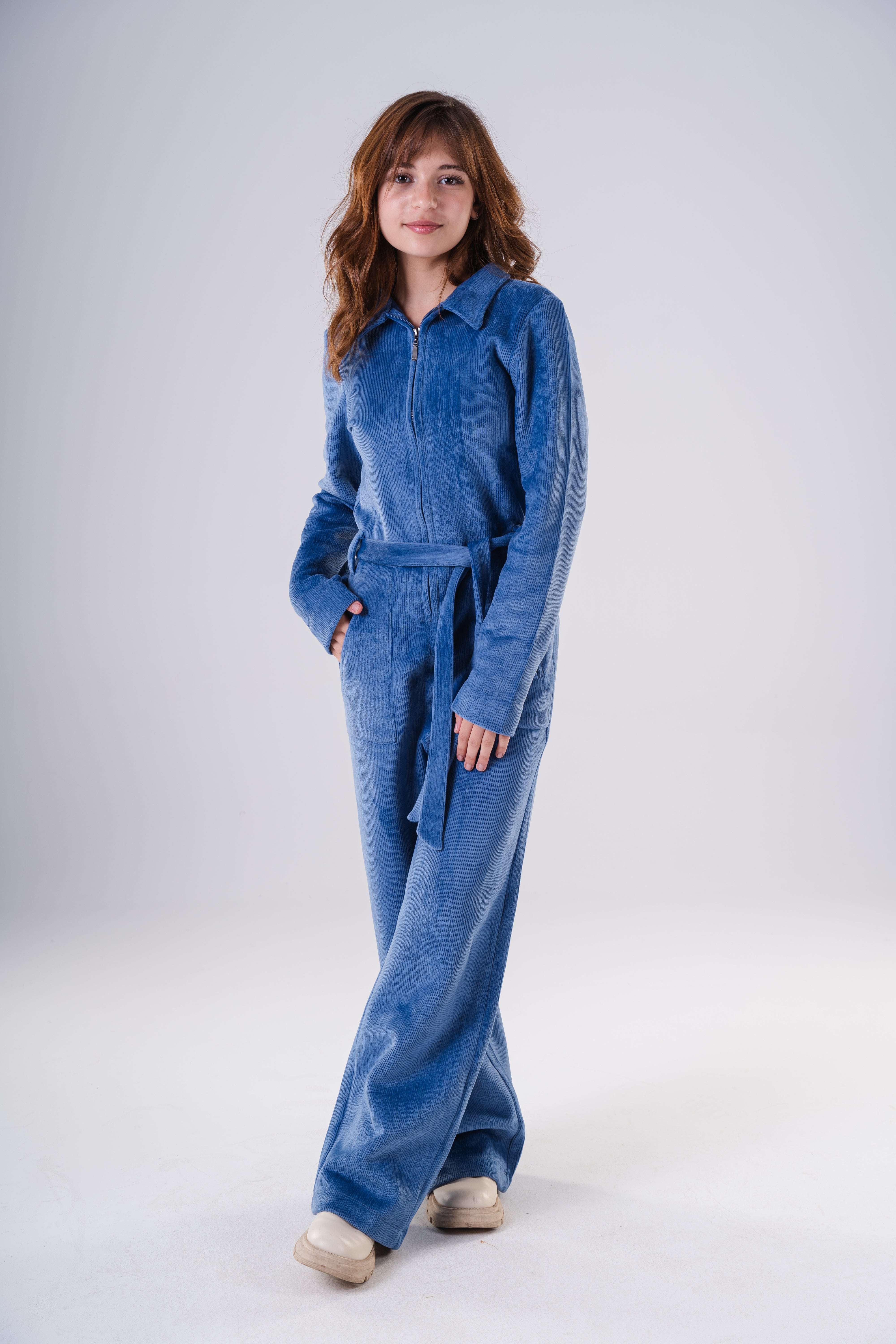 Girls High-Texture Corduroy Long Sleeve Jumpsuit