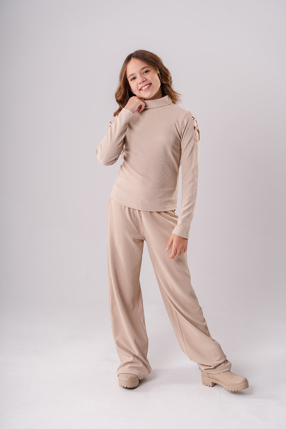 Girls Beige Ribbed Turtleneck Blouse