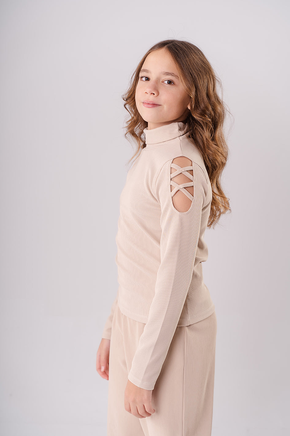Girls Beige Ribbed Turtleneck Blouse