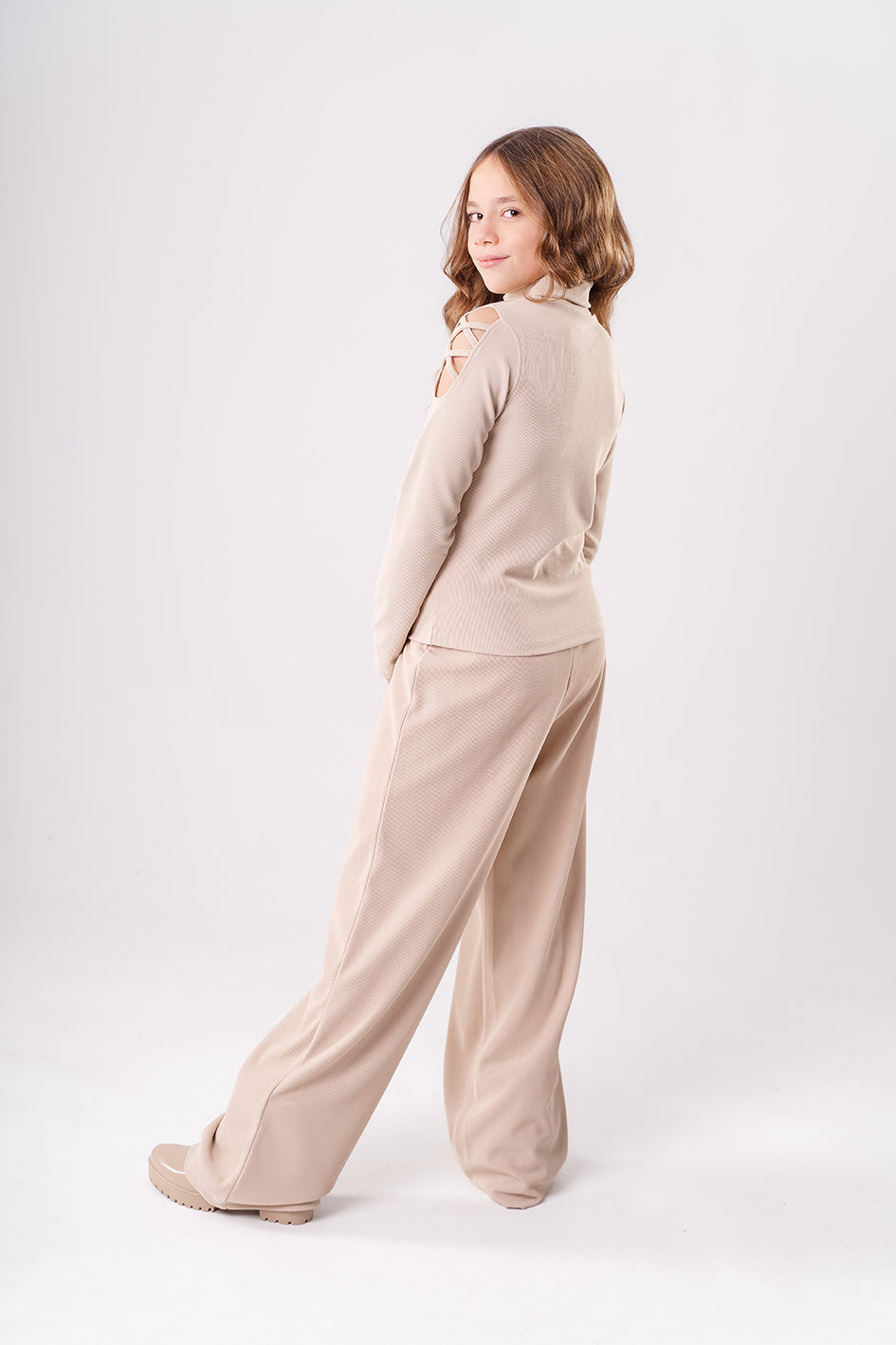 Girls Beige Ribbed Turtleneck Blouse