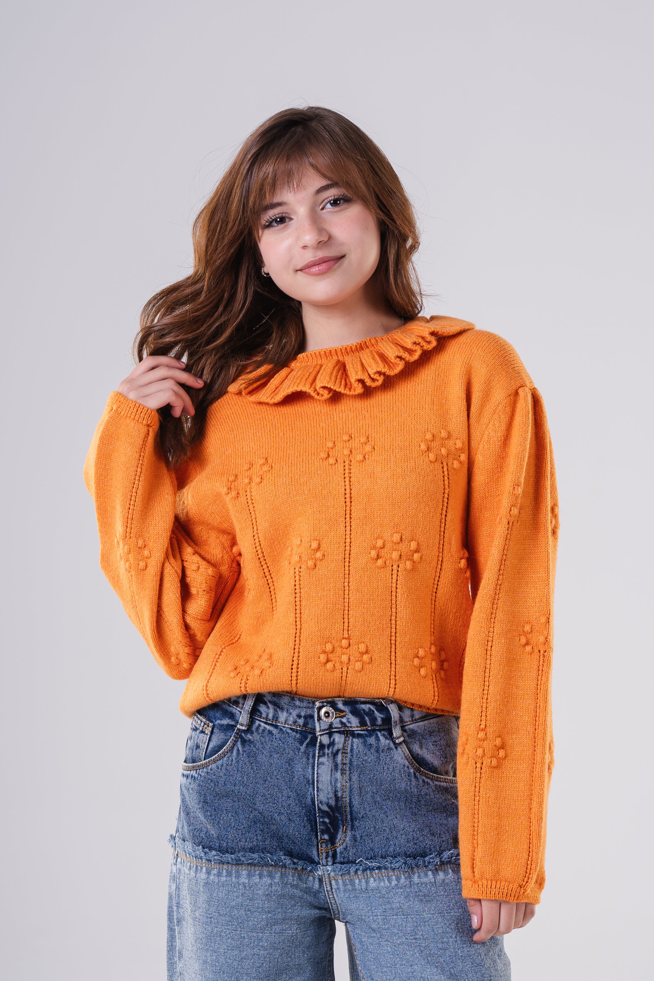 Girls Ruffled Collar Pointelle Knit Sweater
