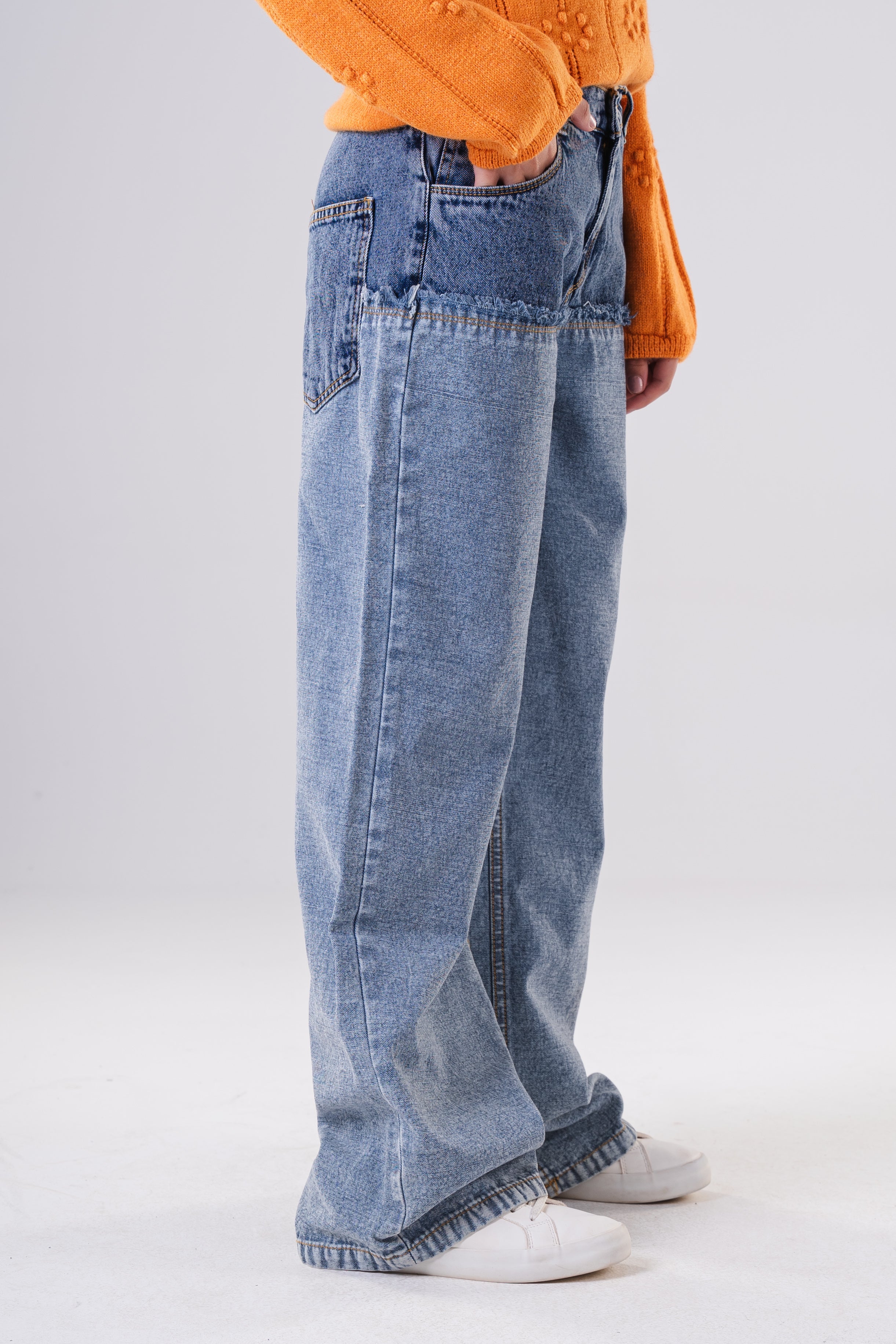 Girls Two-Tone Wide-Leg Denim Jeans
