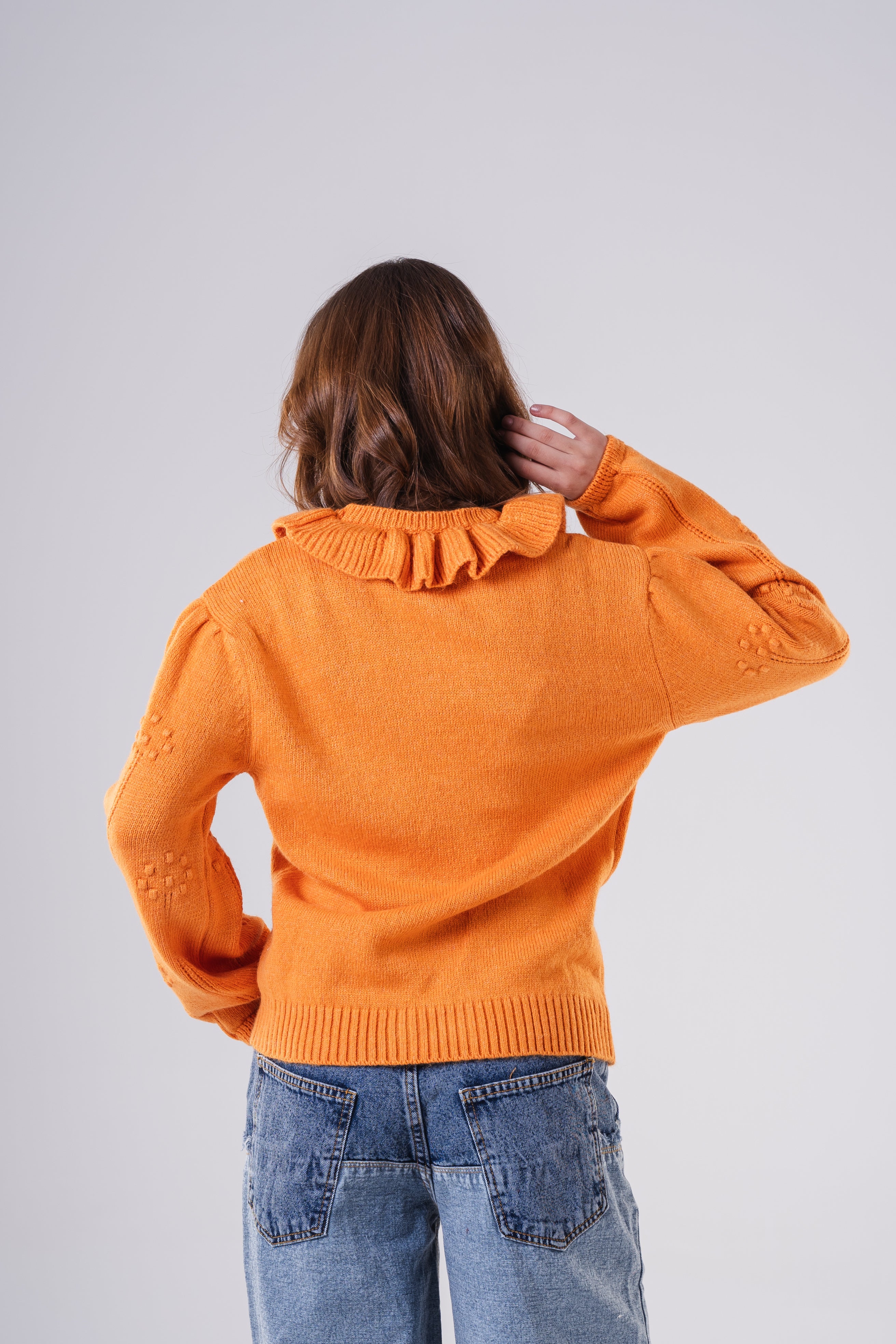 Girls Ruffled Collar Pointelle Knit Sweater