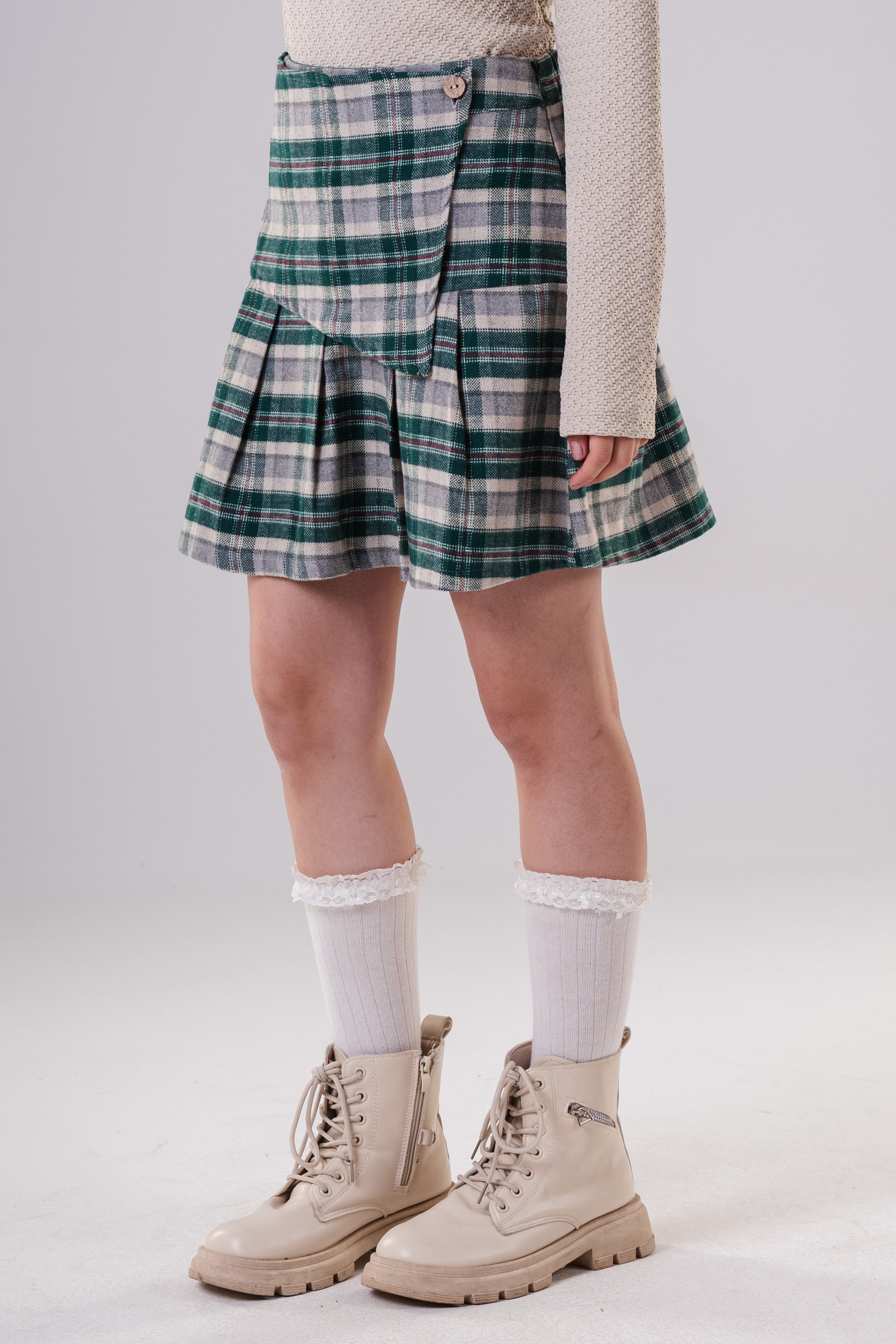 Girls Plaid Pleated Skirt with Wrap Detail