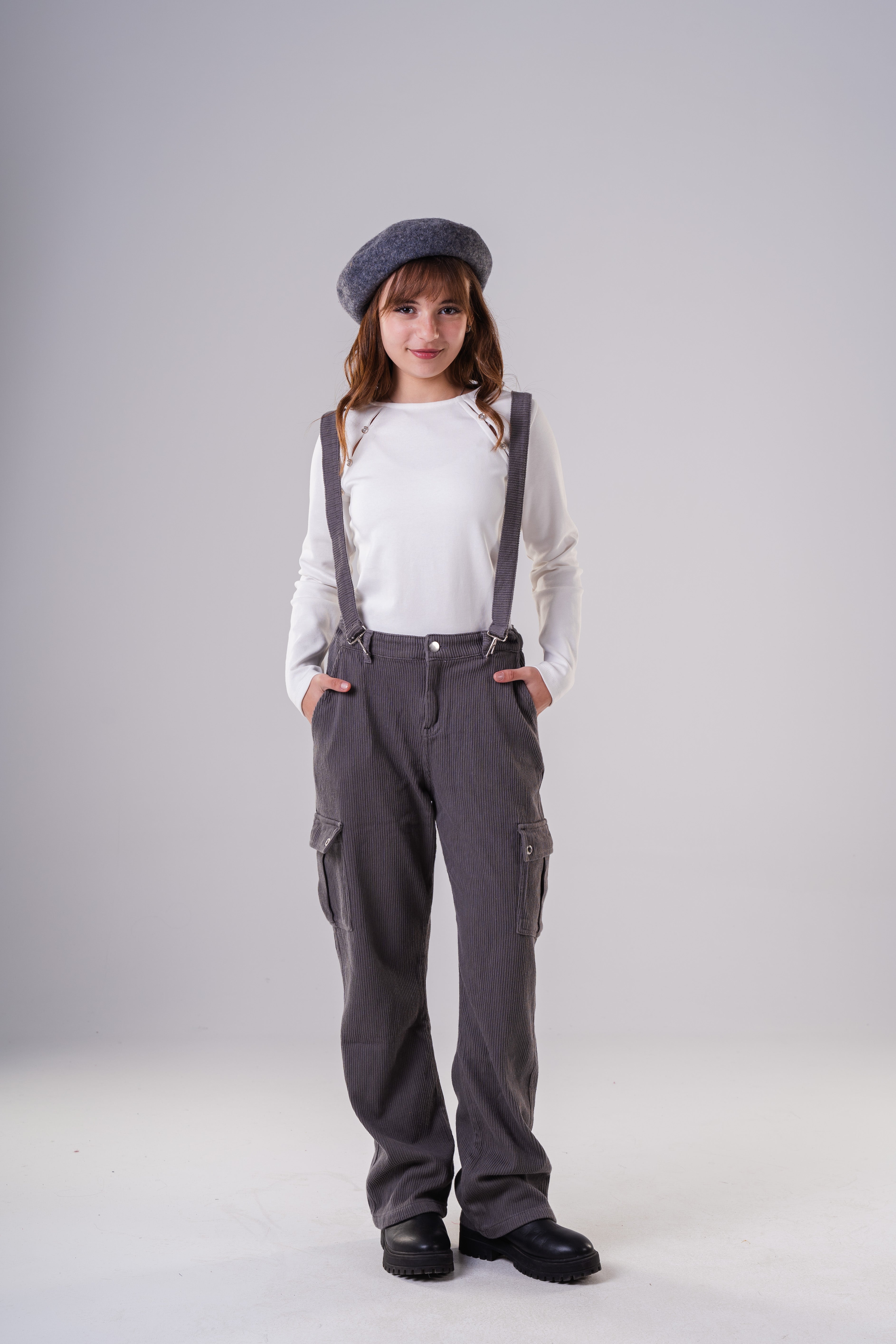 Girls Corduroy Cargo Pants with Removable Suspenders