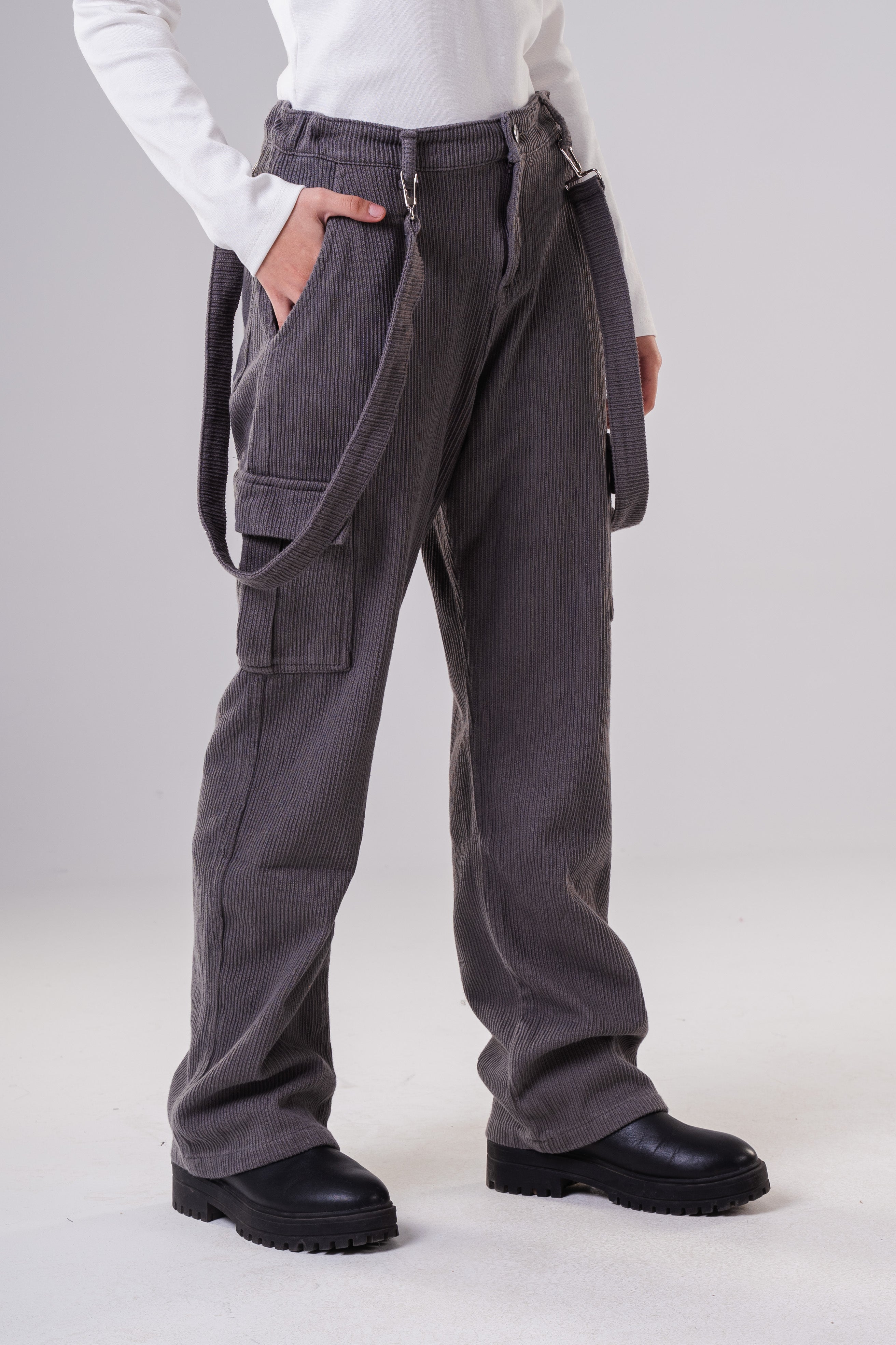 Girls Corduroy Cargo Pants with Removable Suspenders