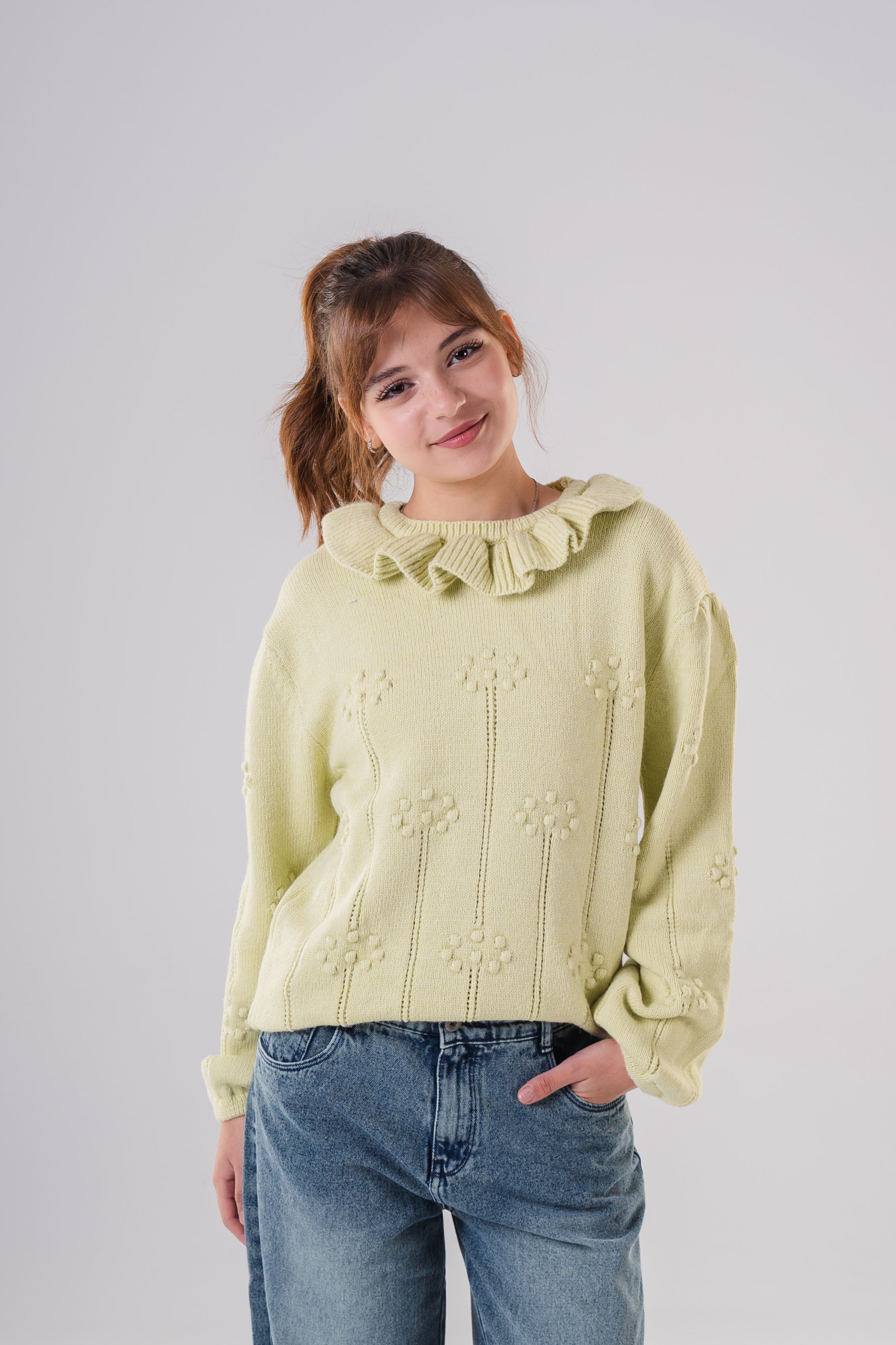 Girls Ruffled Collar Pointelle Knit Sweater
