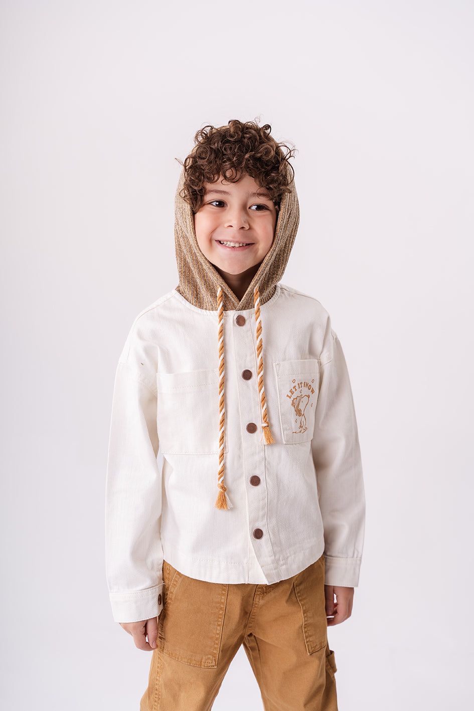 Boys Off White Linen Printed Jacket