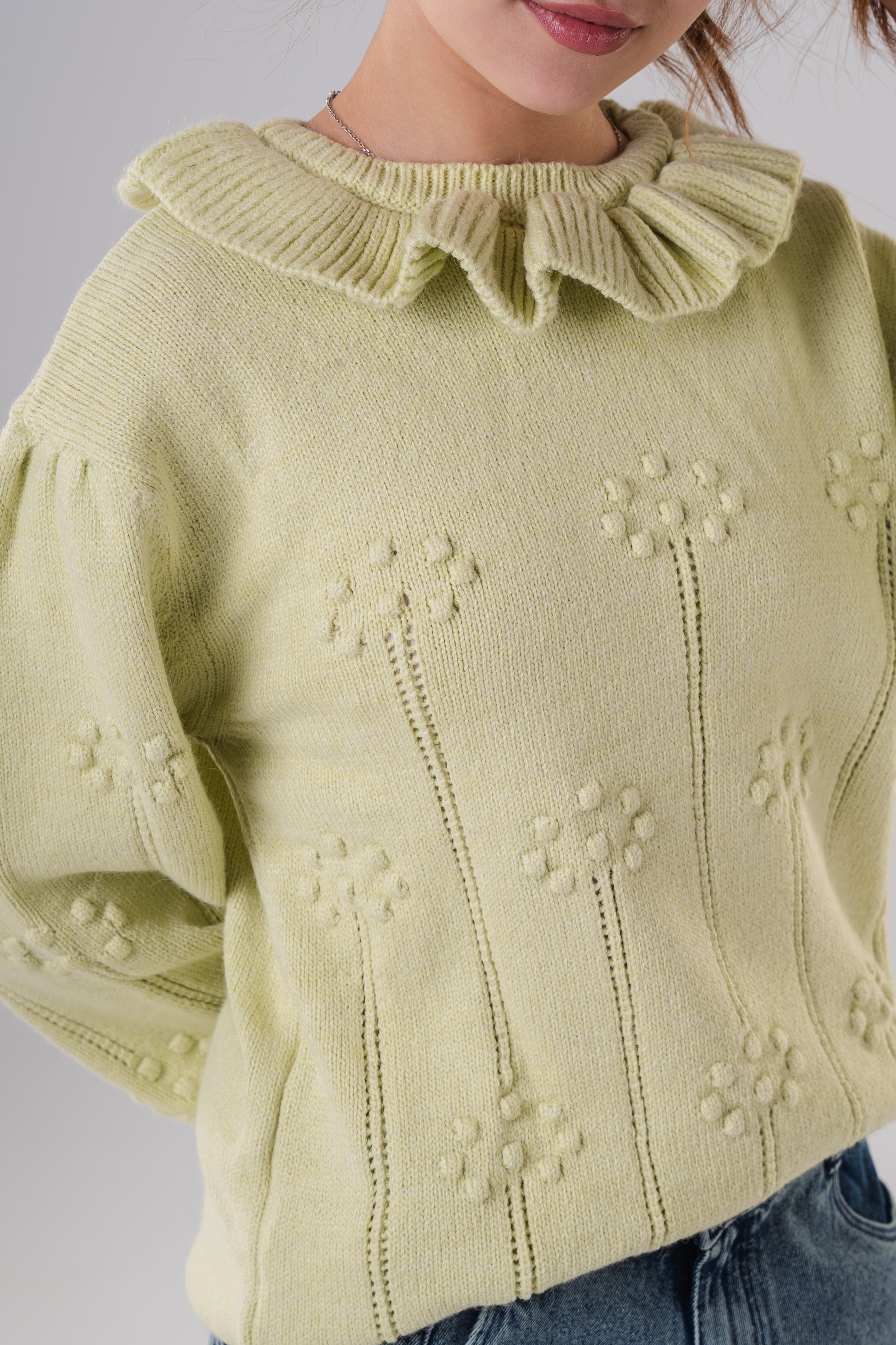 Girls Ruffled Collar Pointelle Knit Sweater