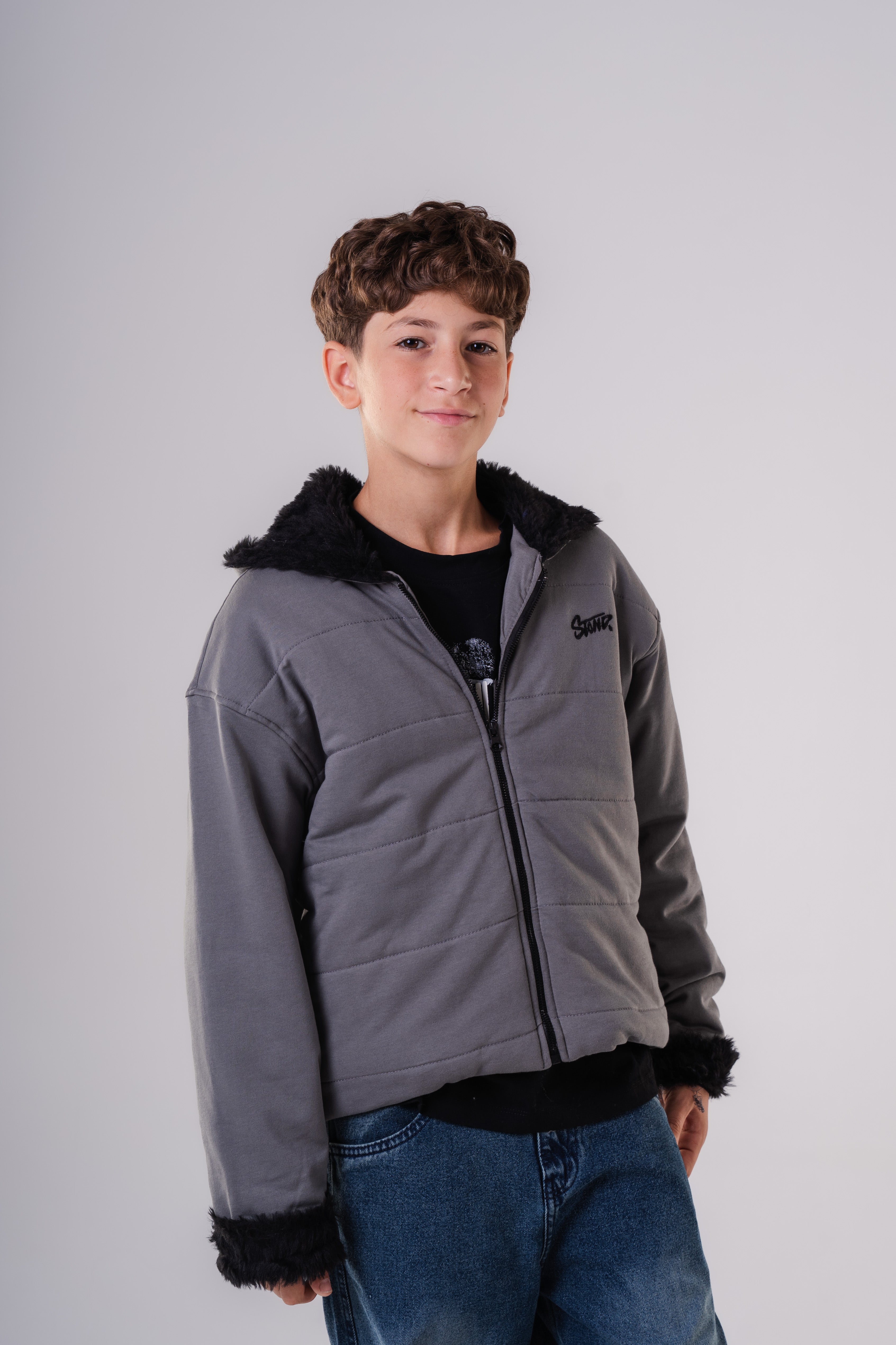 Padded Bomber Jacket with Hood and Fur Details