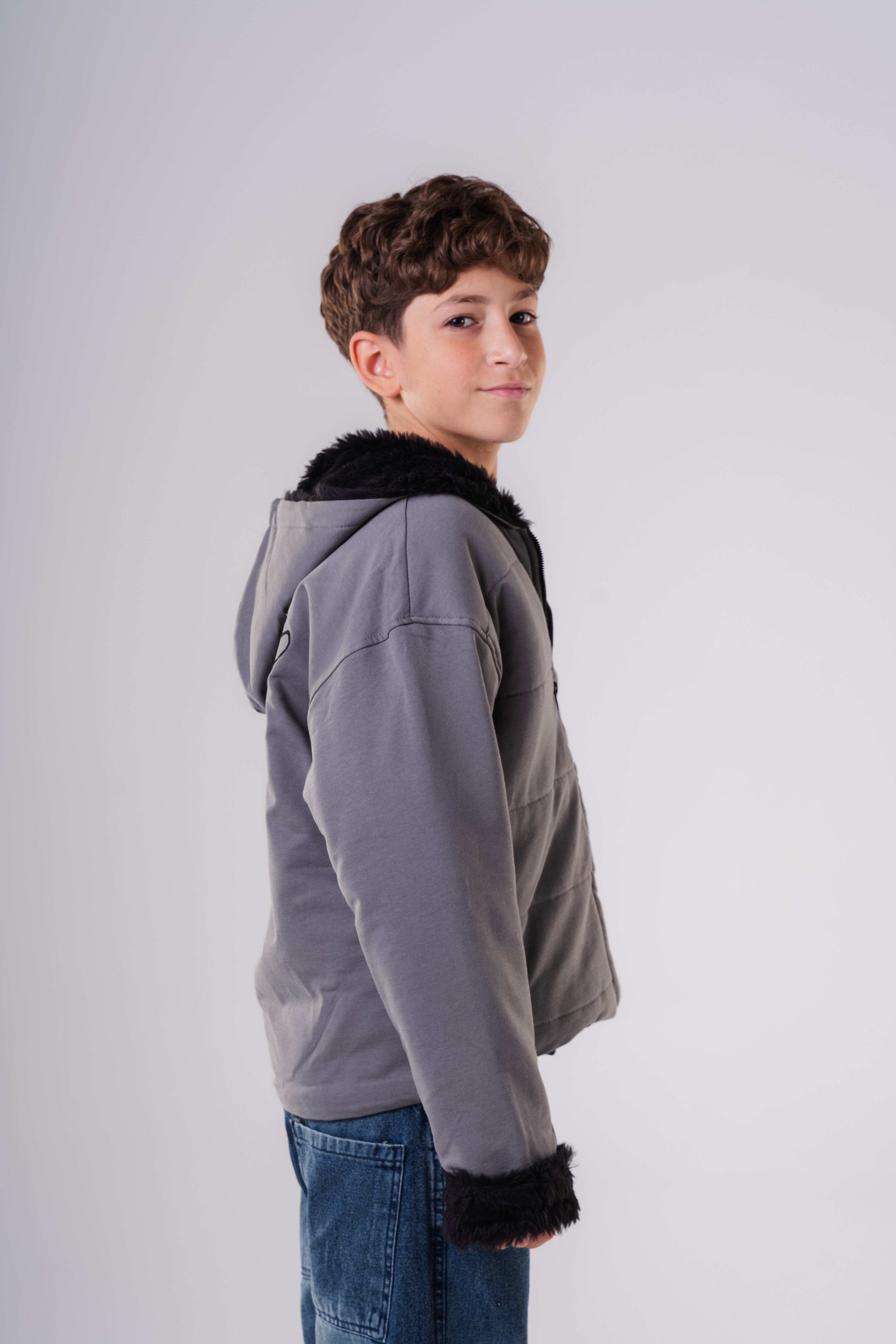 Padded Bomber Jacket with Hood and Fur Details