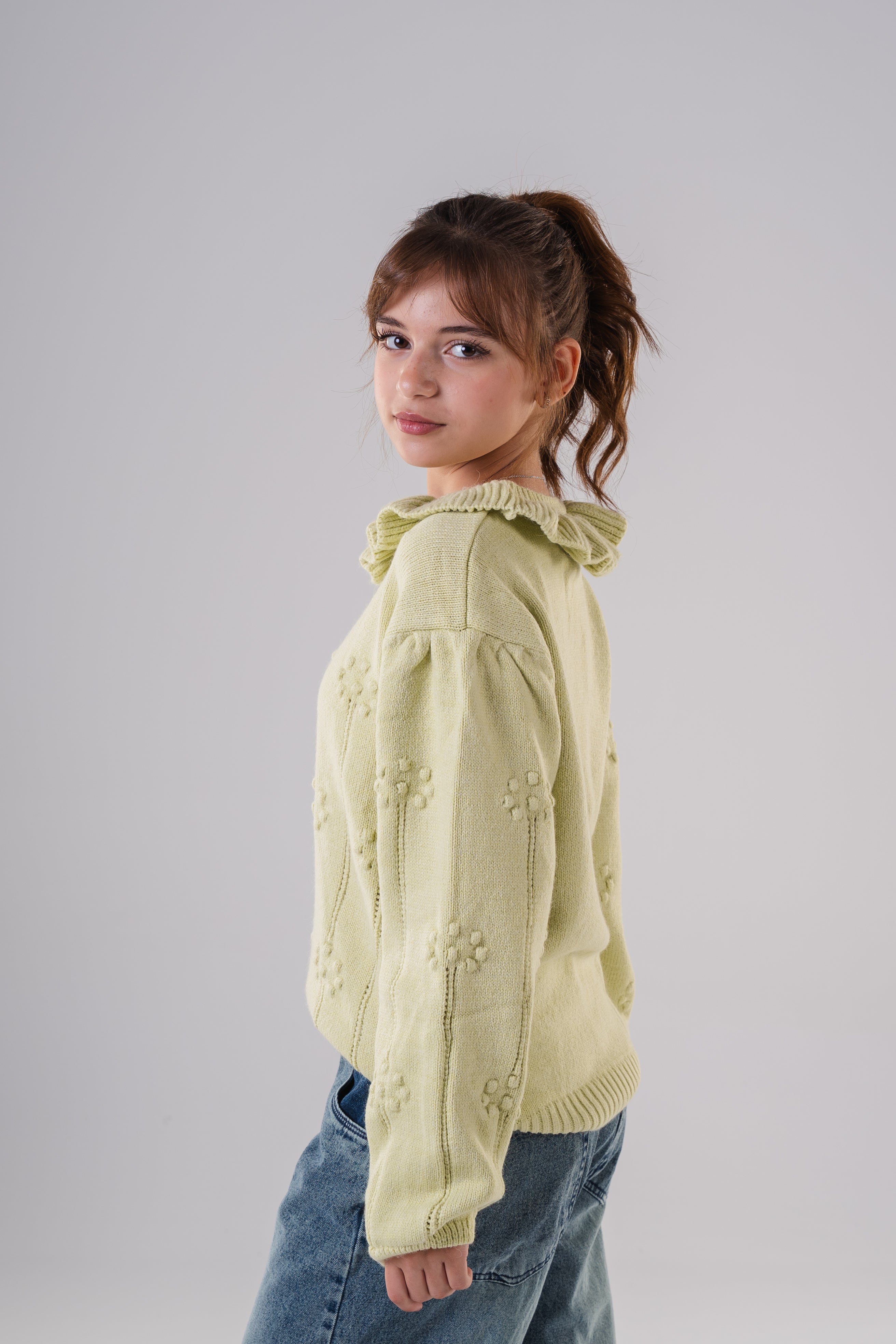 Girls Ruffled Collar Pointelle Knit Sweater