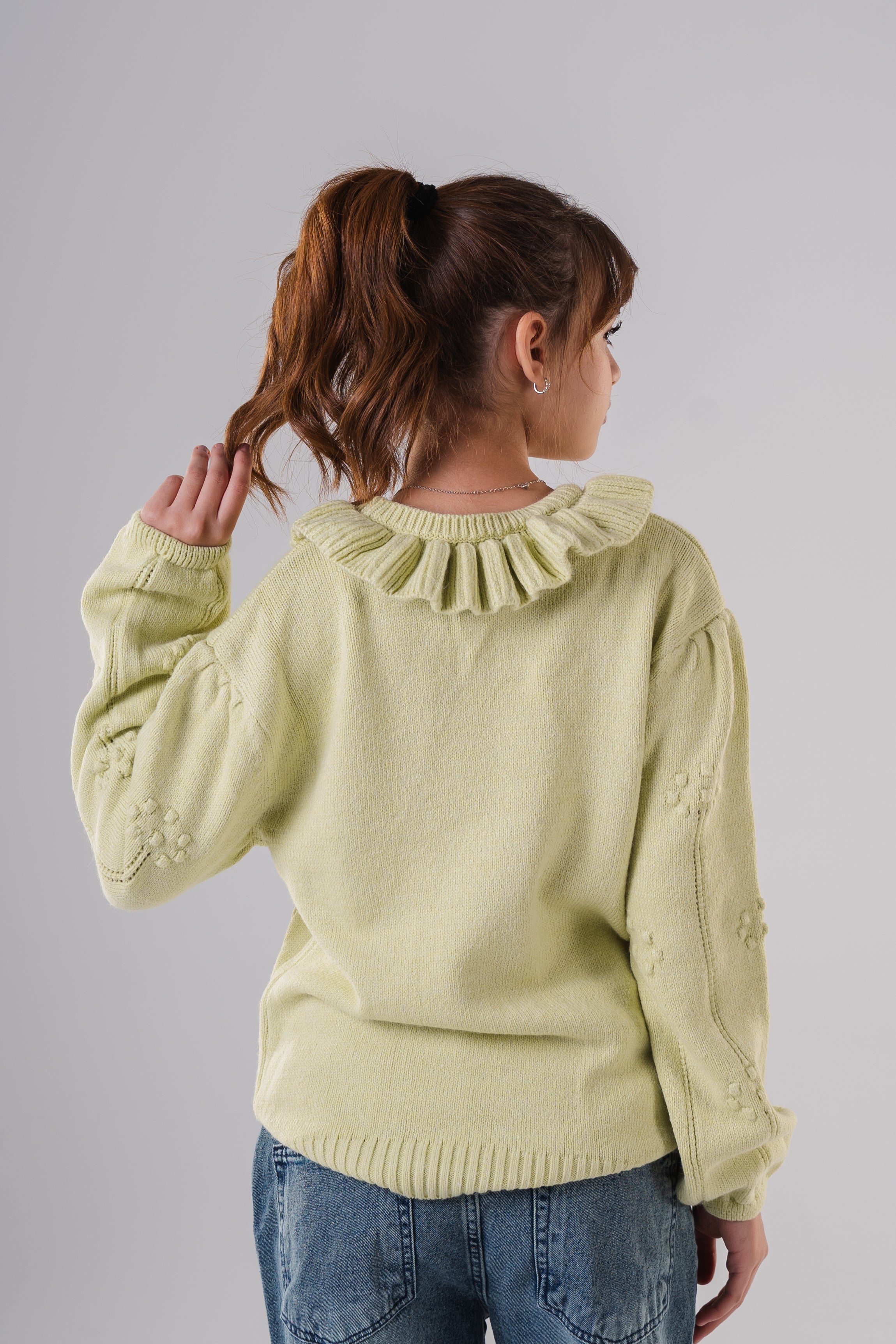 Girls Ruffled Collar Pointelle Knit Sweater
