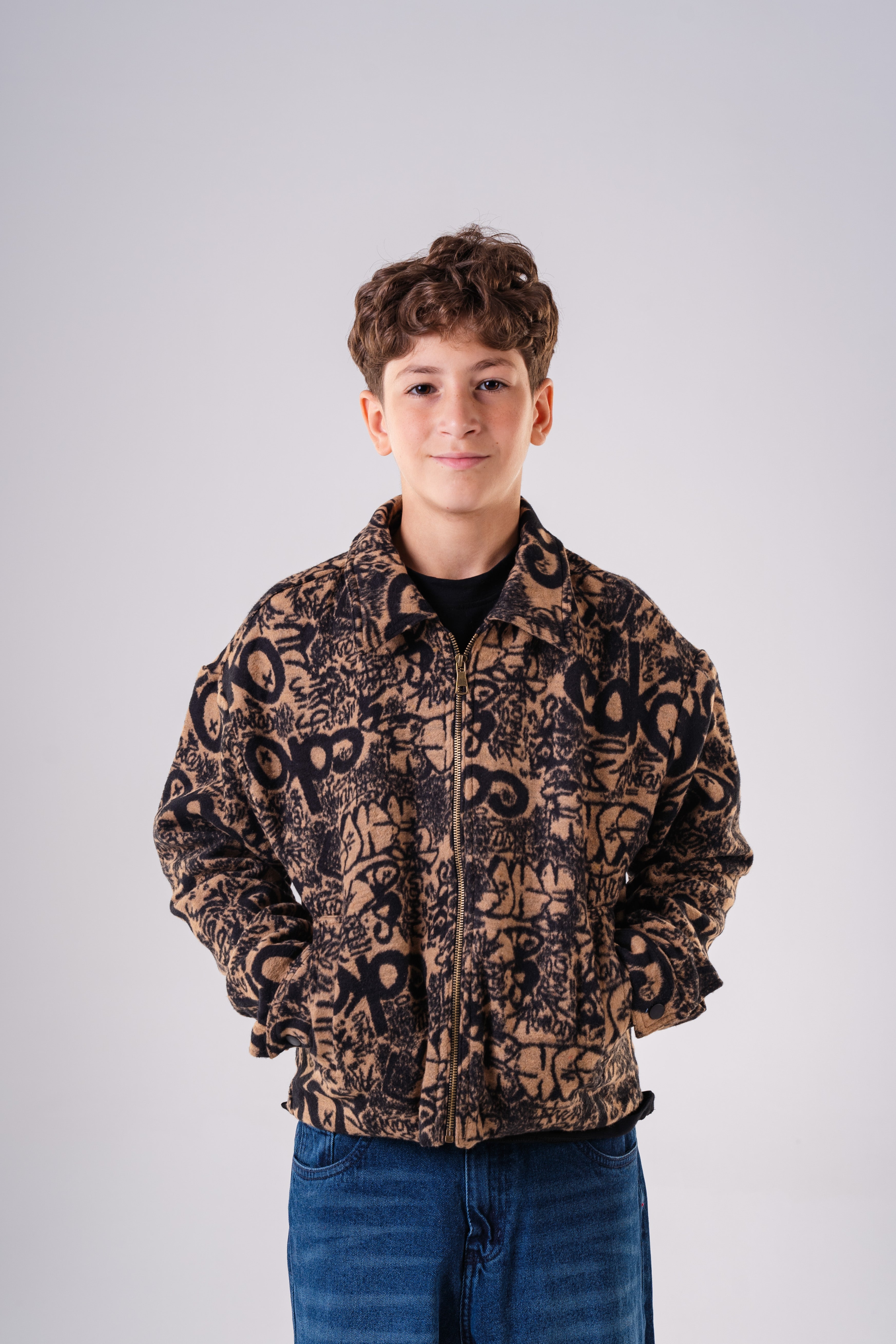 Boy's Fuzzy Zip Jacket with Allover Graphic Print
