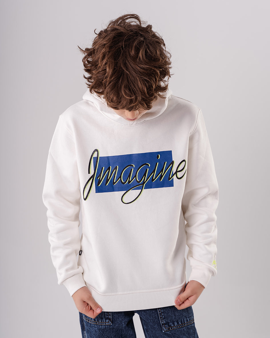 Boys White Regular Fit Hoodie Long Sleeve With Print