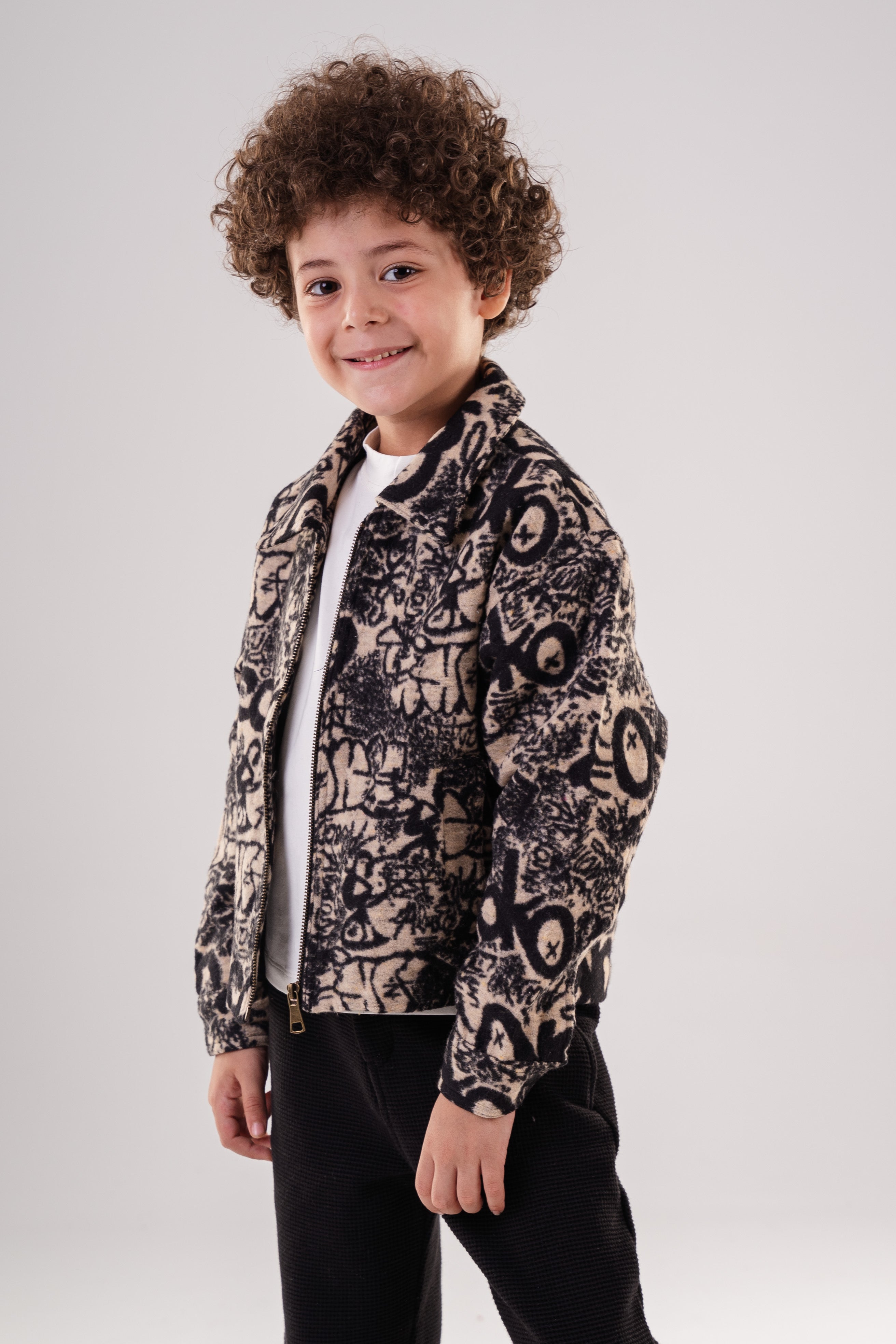 Boy's Fuzzy Zip Jacket with Allover Graphic Print