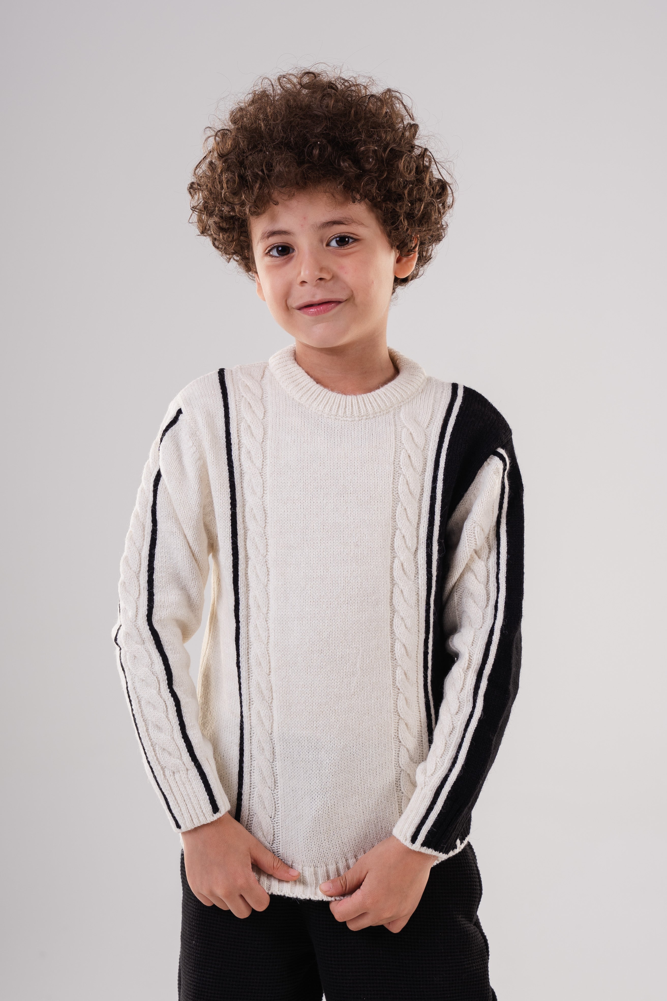 Boy's Textured Crewneck Sweater with Chunky Cable Knit