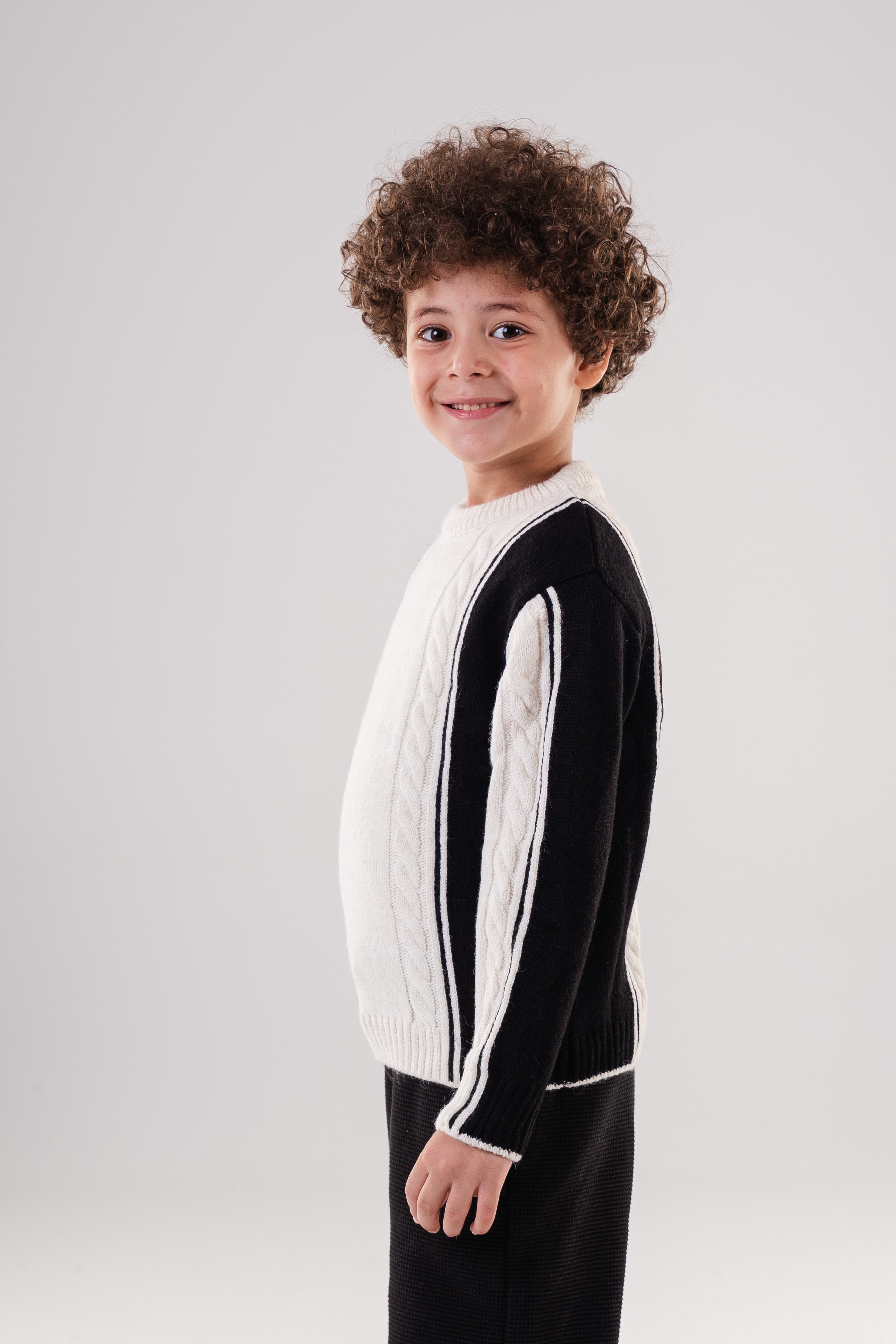Boy's Textured Crewneck Sweater with Chunky Cable Knit