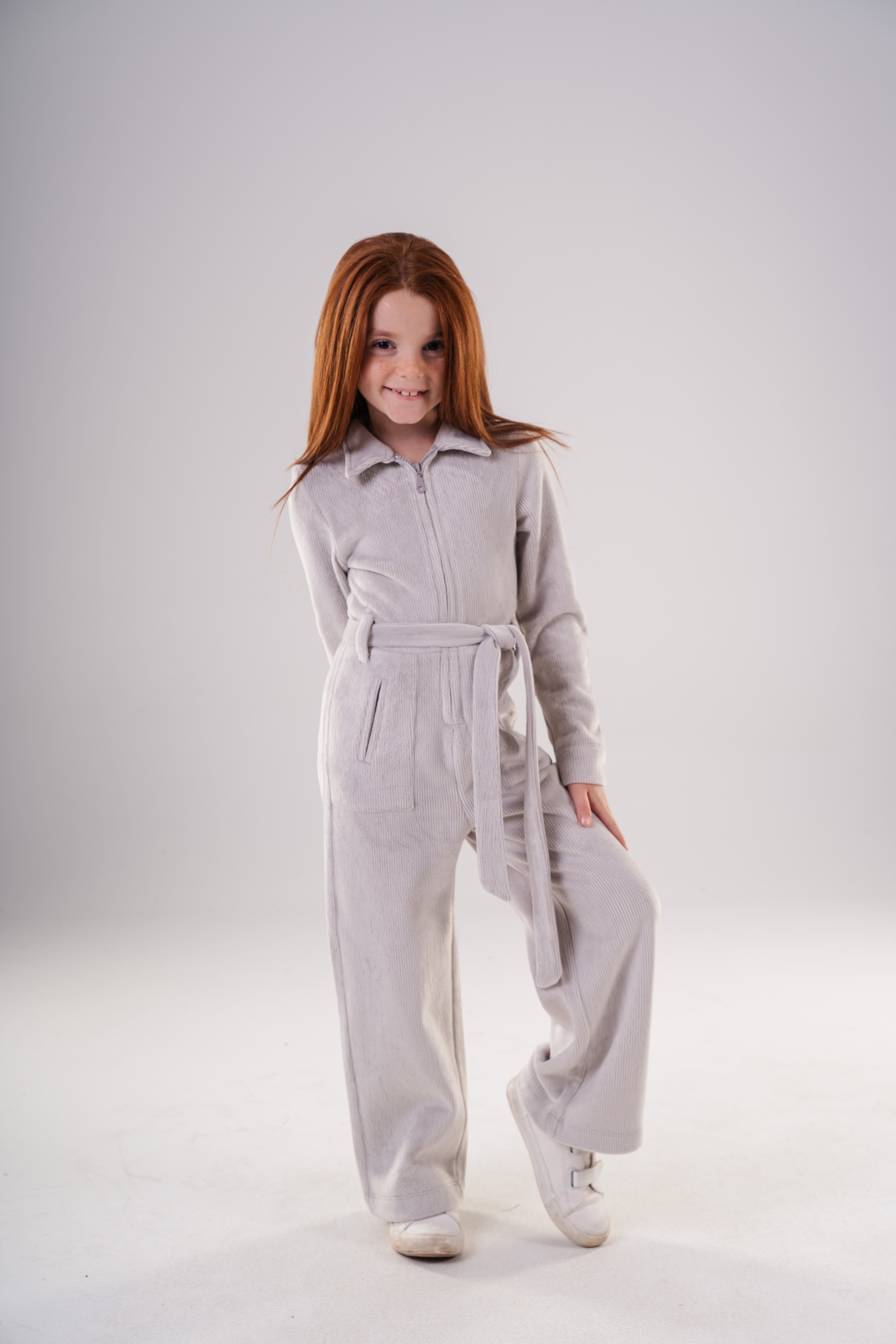 Girls High-Texture Corduroy Long Sleeve Jumpsuit