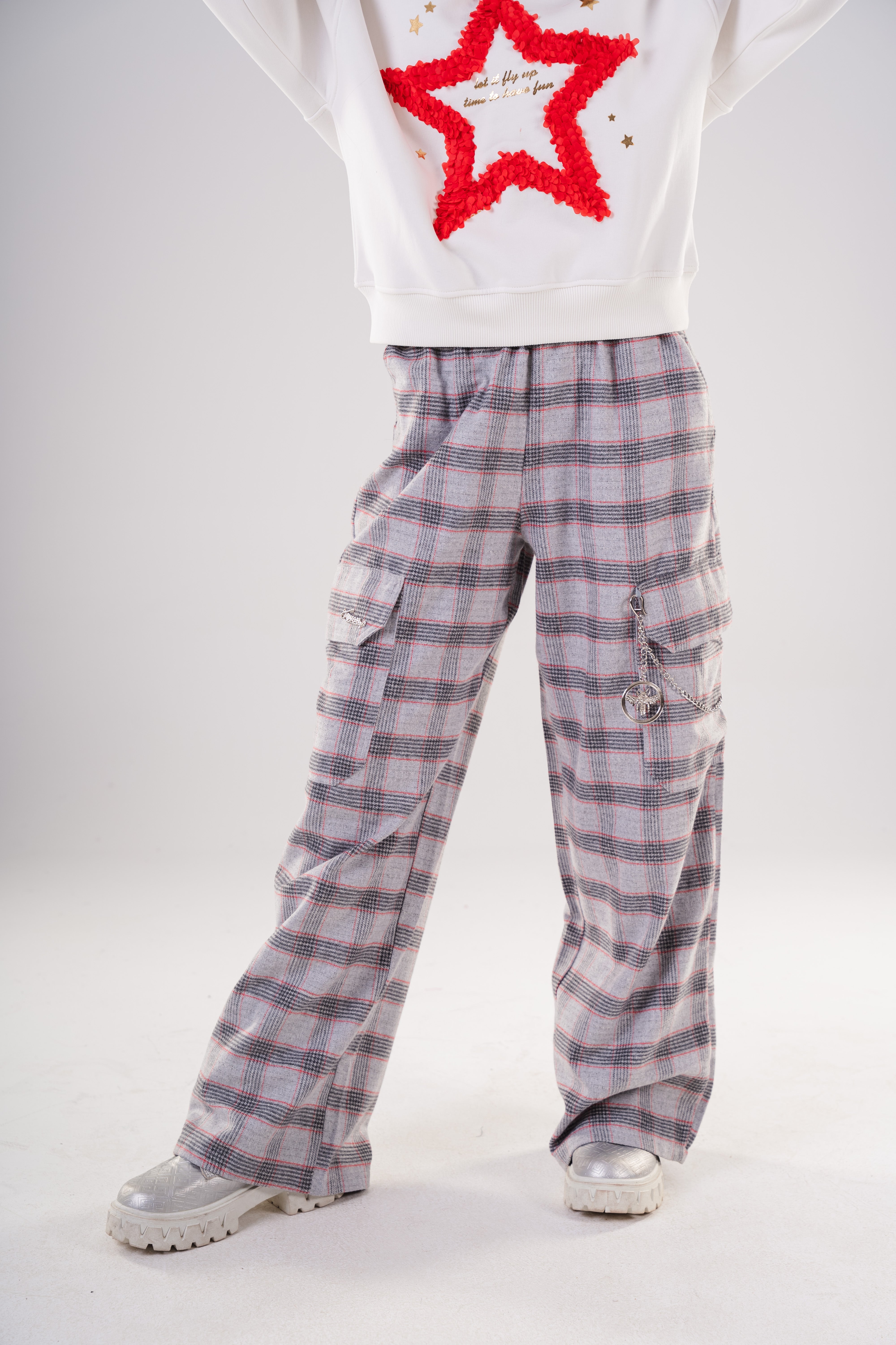 Plaid Cargo Pants with Chain Detail