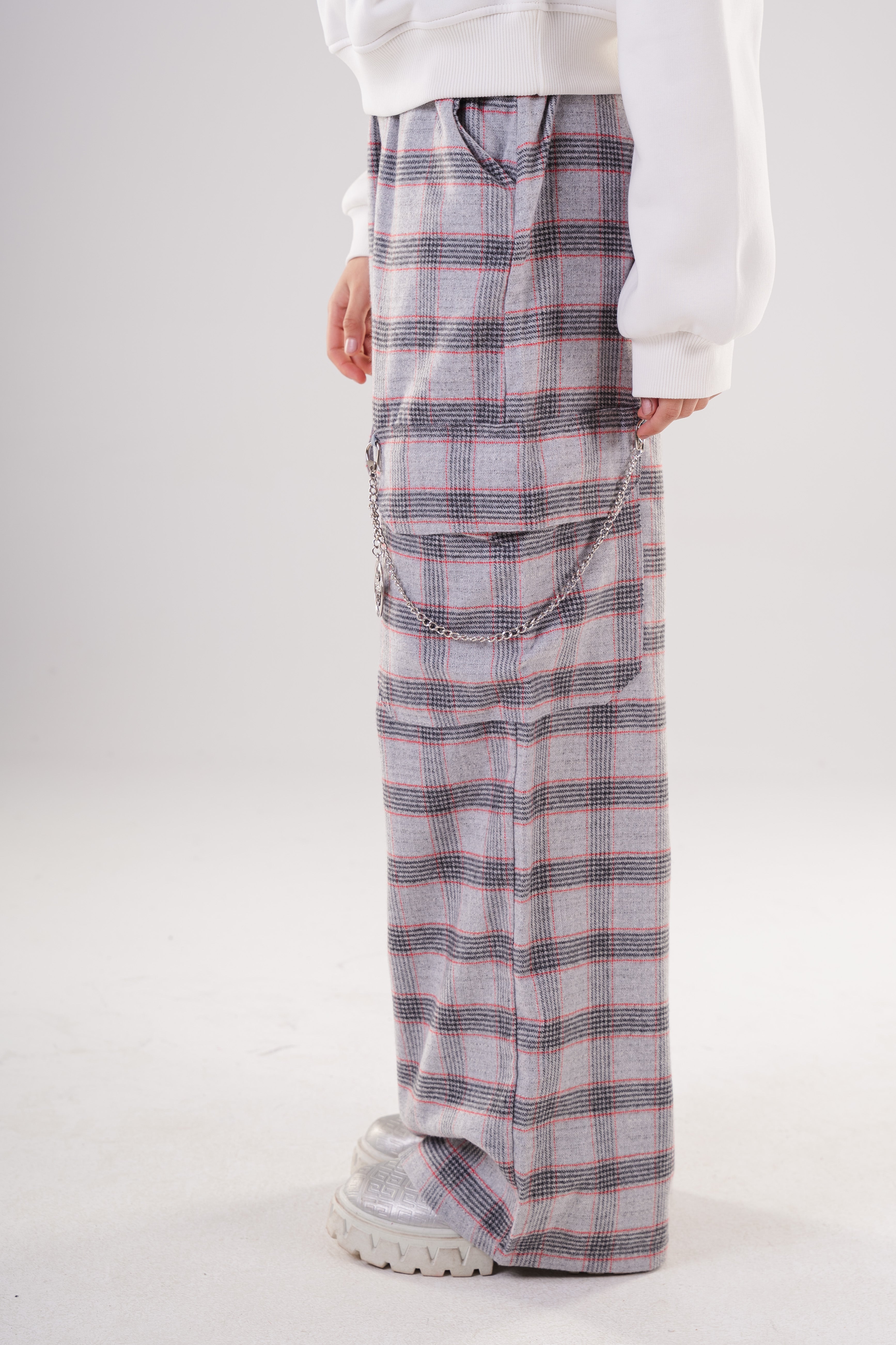 Plaid Cargo Pants with Chain Detail