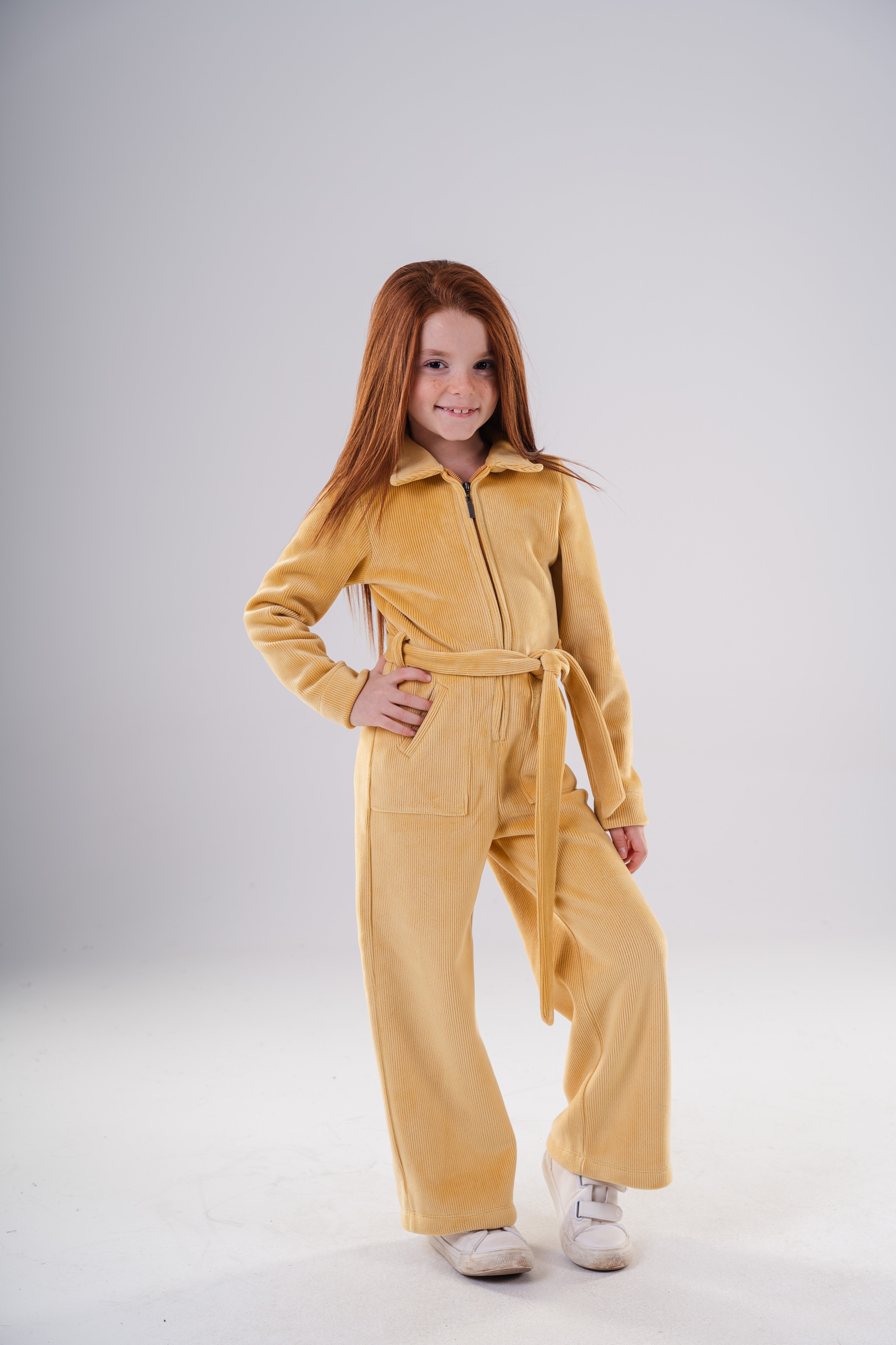 Girls High-Texture Corduroy Long Sleeve Jumpsuit