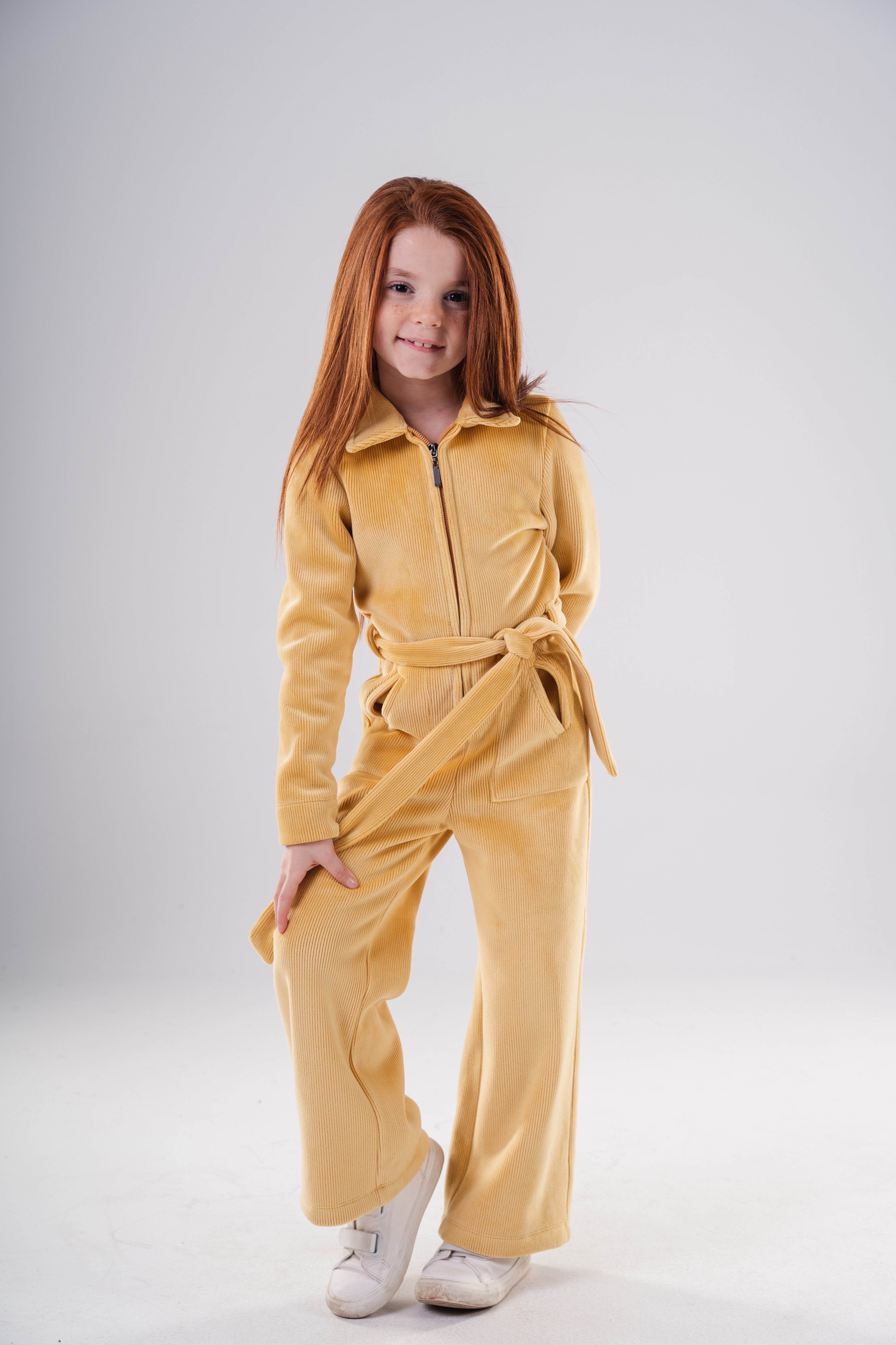 Girls High-Texture Corduroy Long Sleeve Jumpsuit