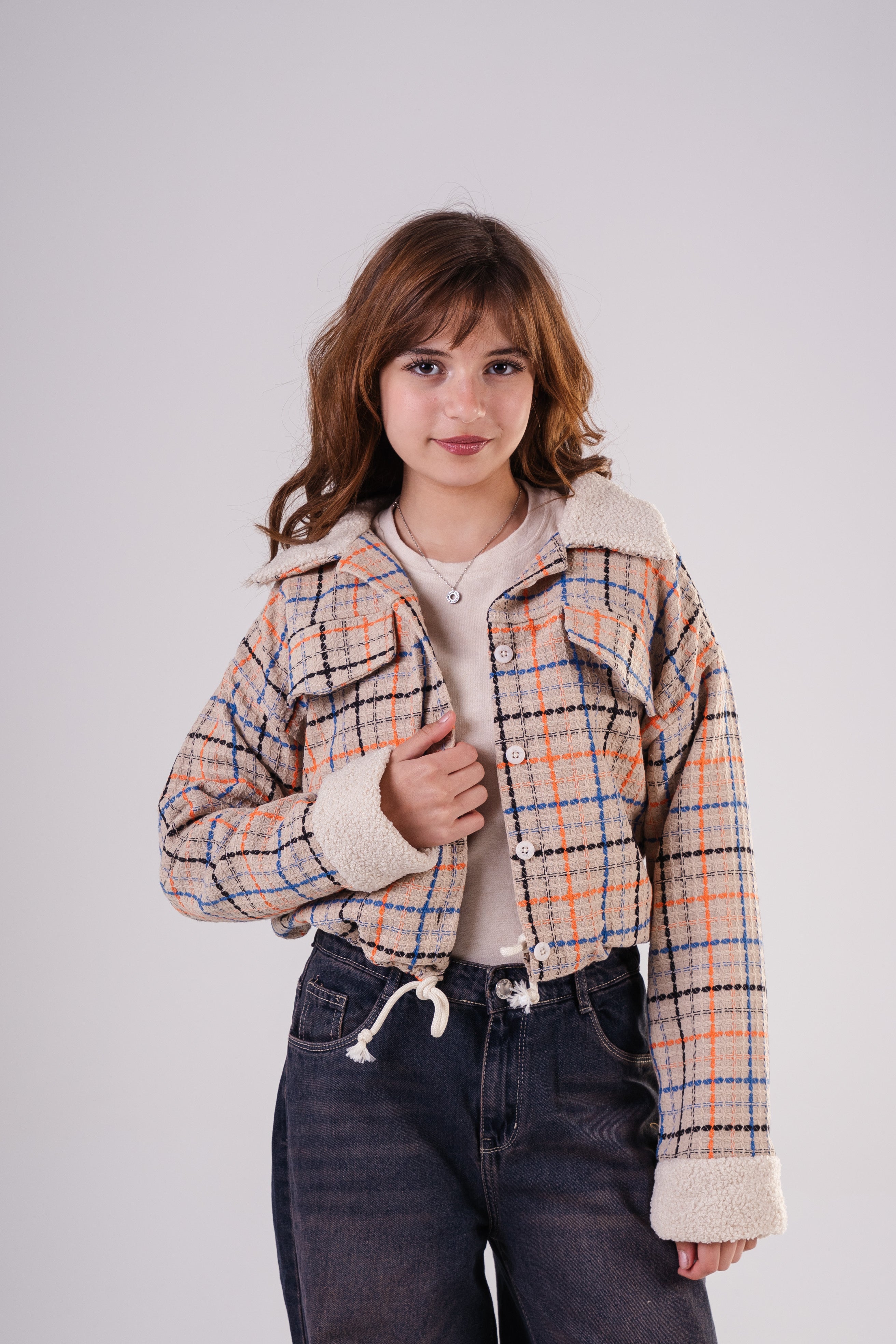 Girls Checkered Wool Blend Jacket with Fleece Cuffs