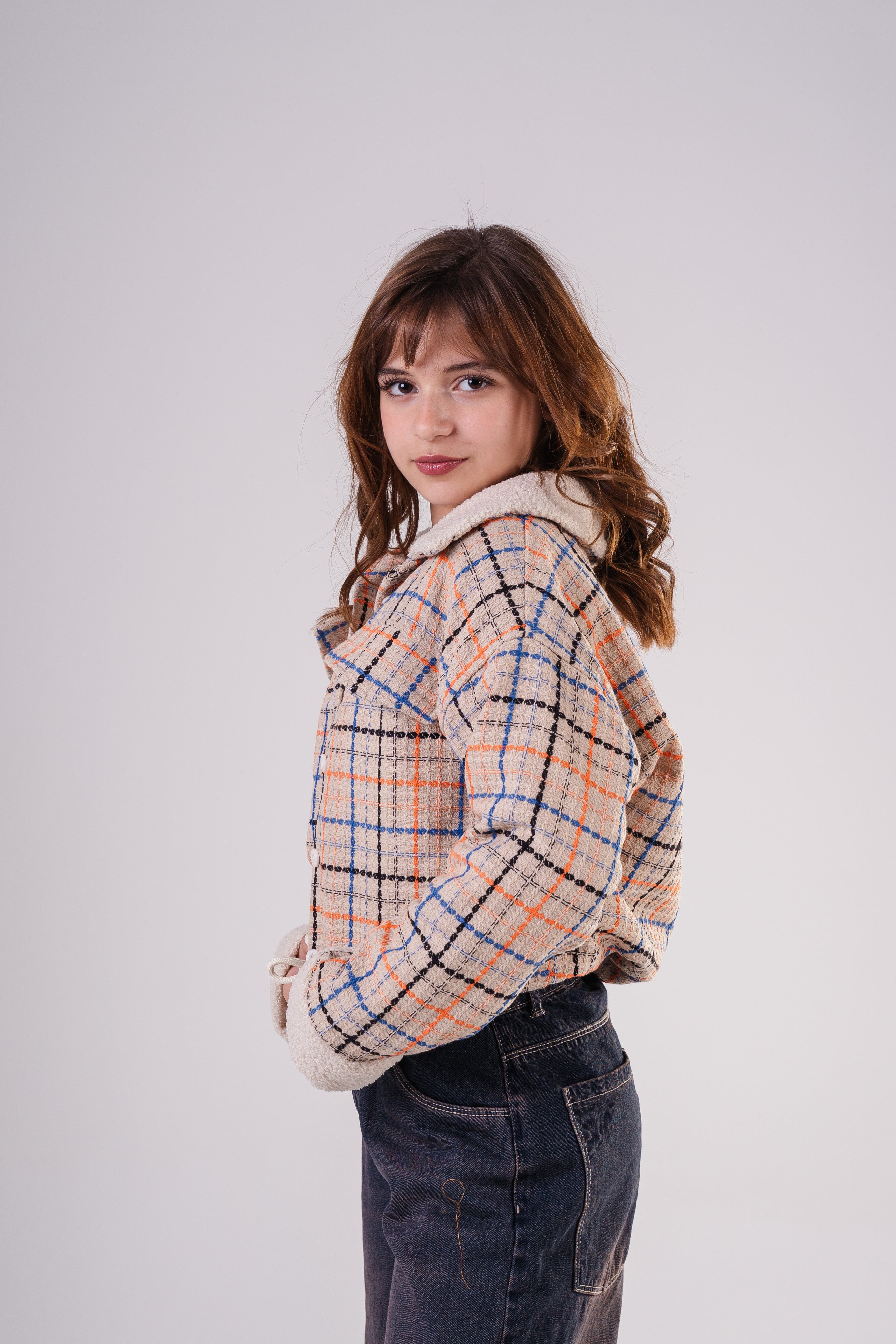 Girls Checkered Wool Blend Jacket with Fleece Cuffs