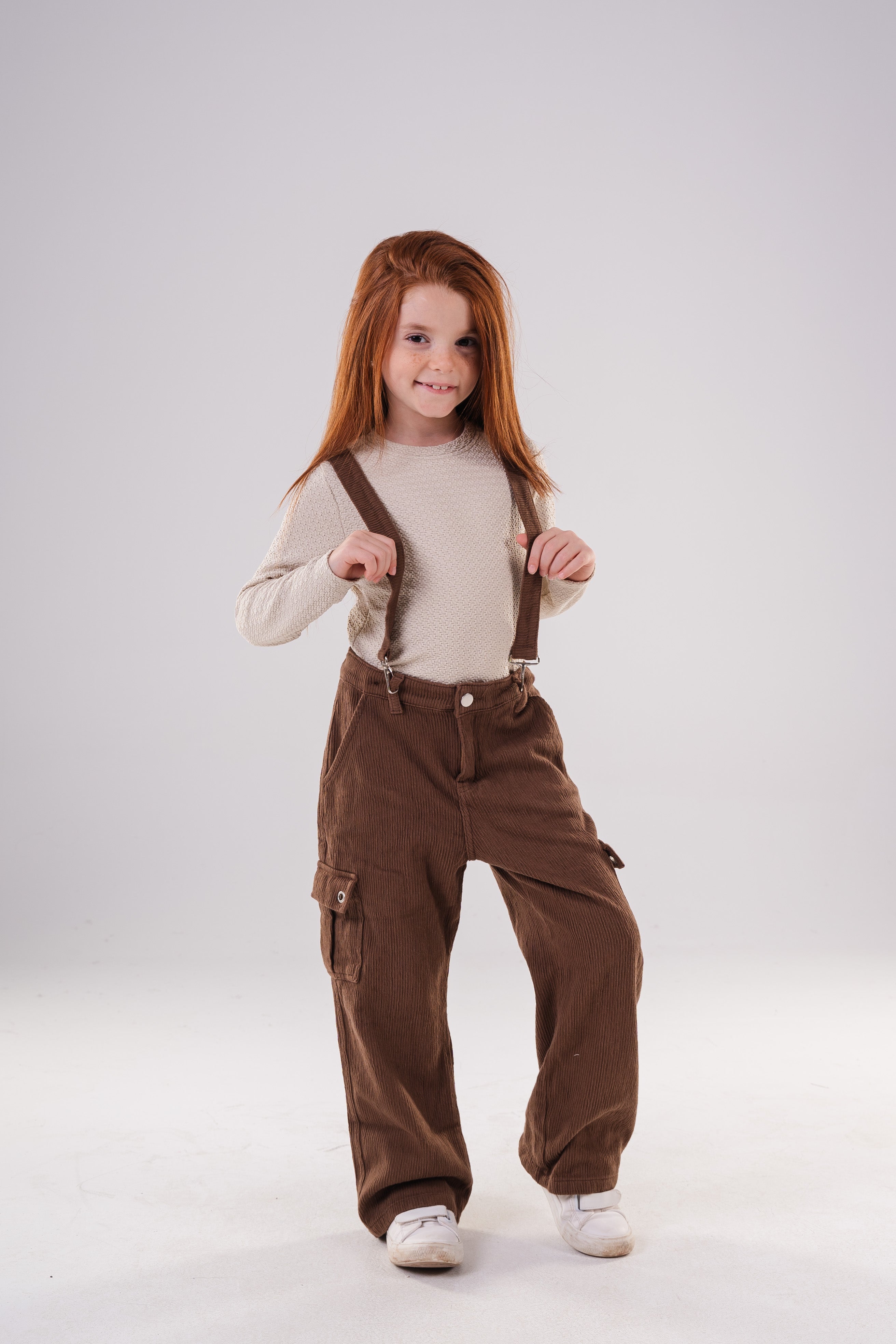 Girls Corduroy Cargo Pants with Removable Suspenders