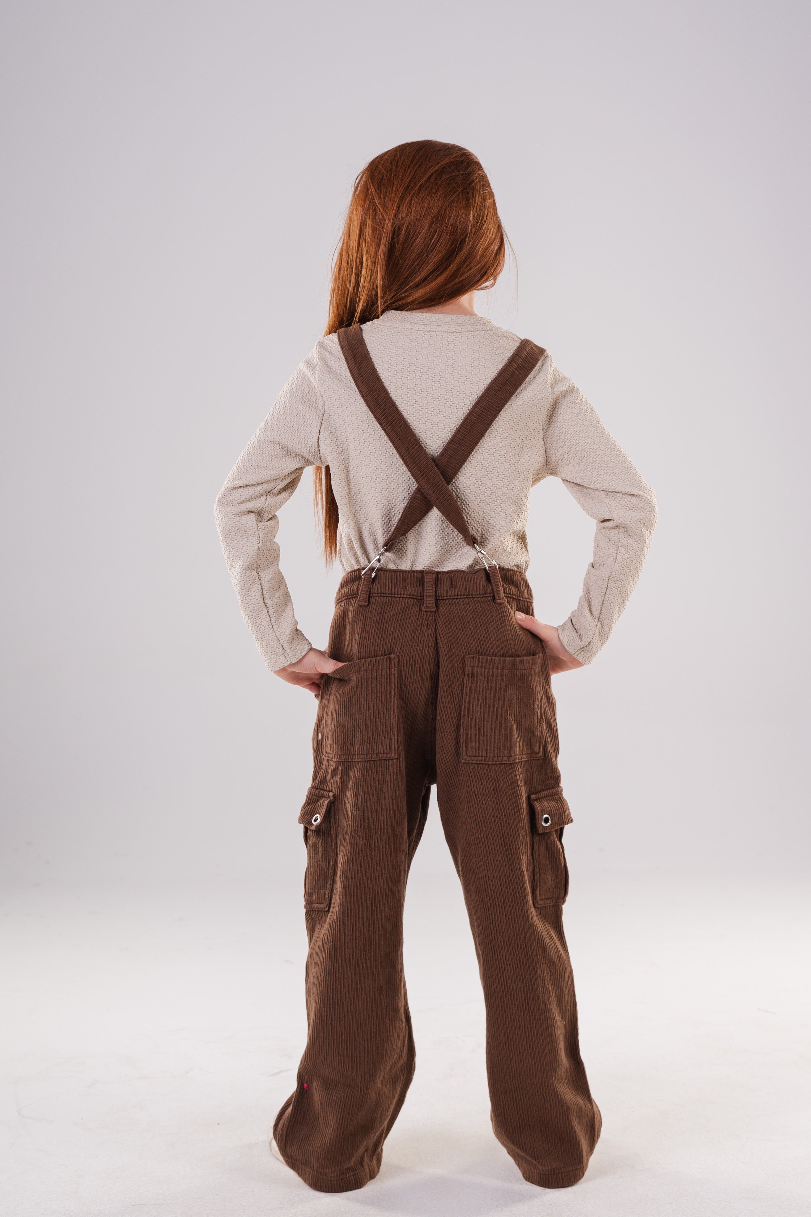 Girls Corduroy Cargo Pants with Removable Suspenders