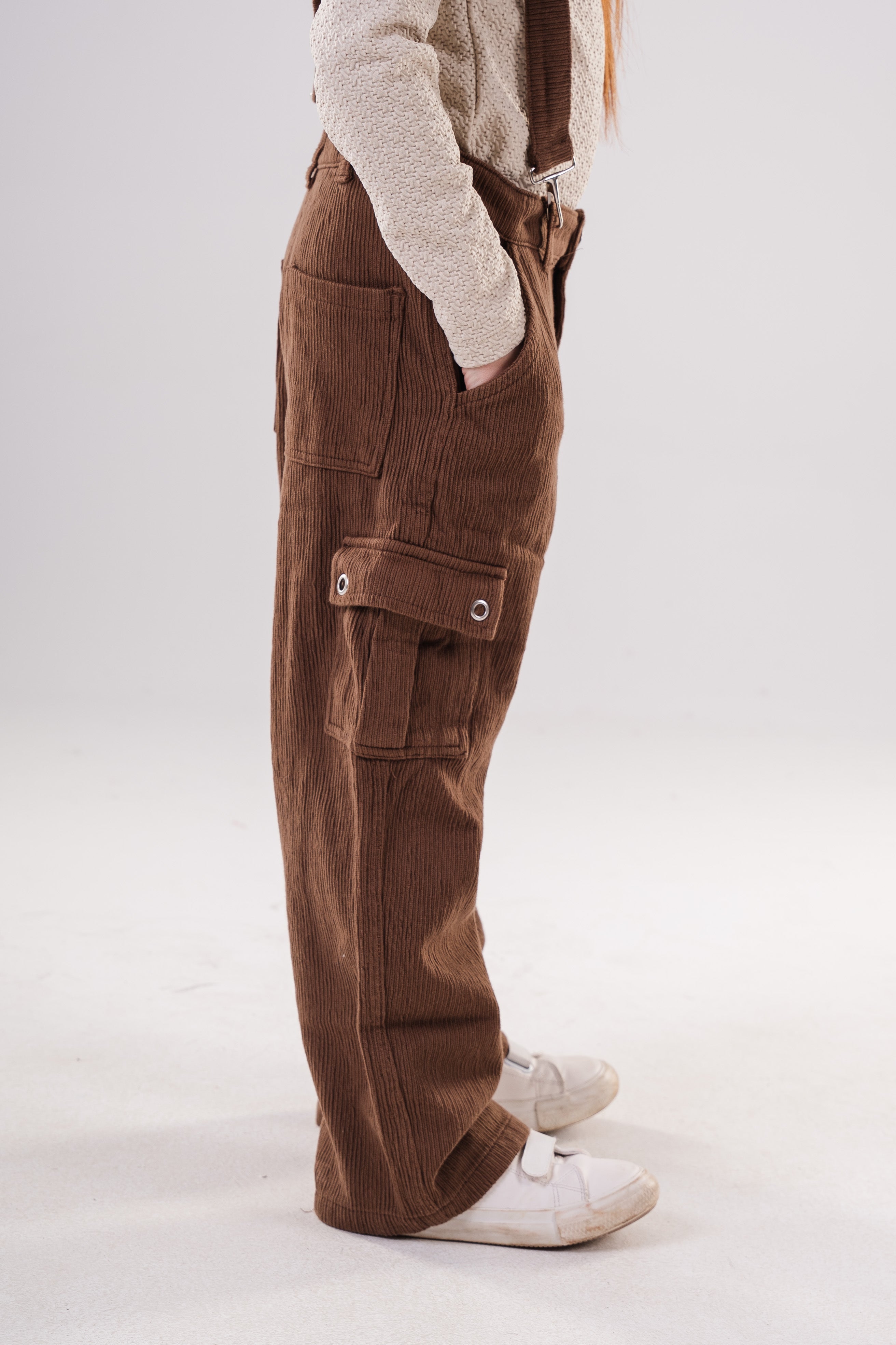 Girls Corduroy Cargo Pants with Removable Suspenders