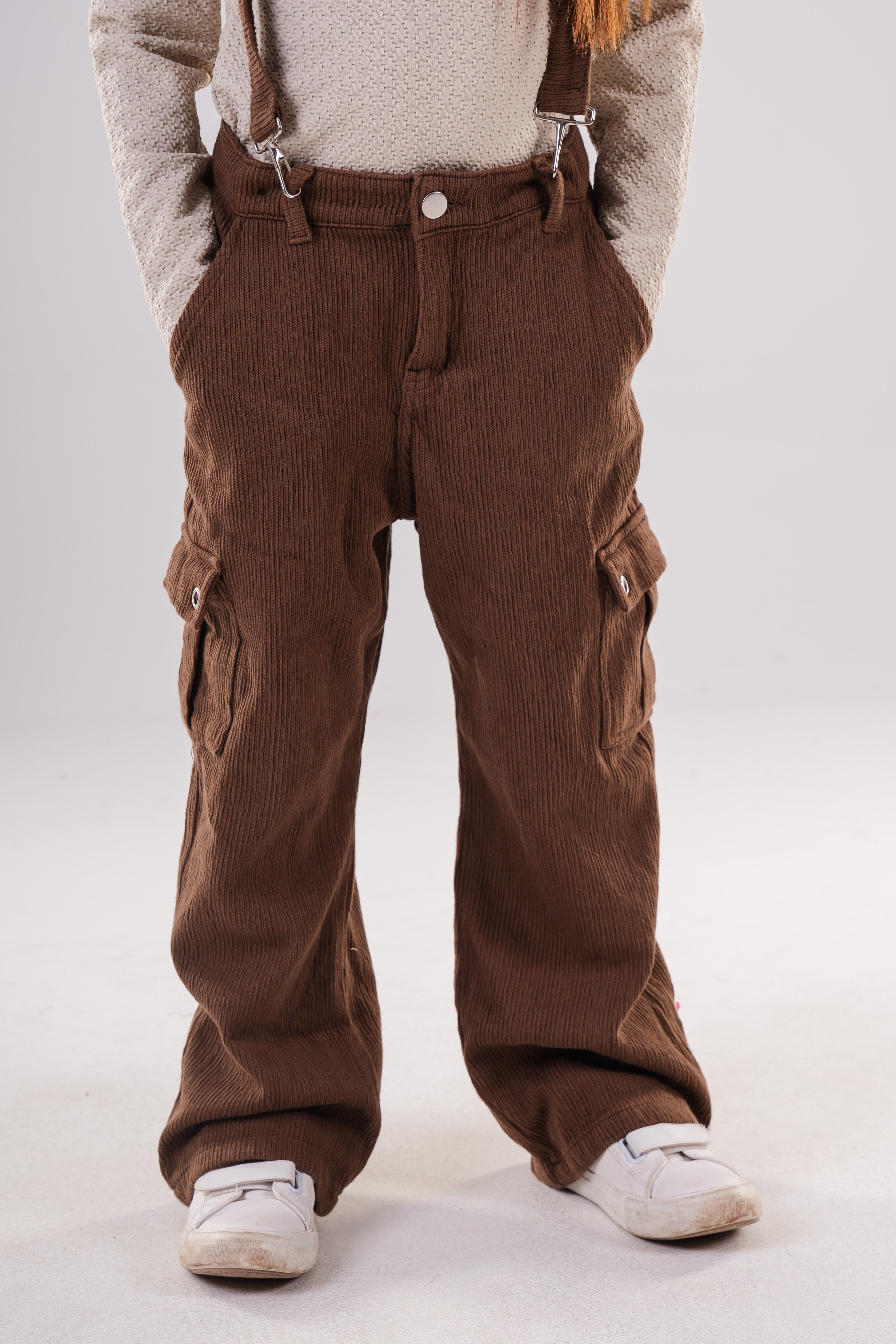 Girls Corduroy Cargo Pants with Removable Suspenders