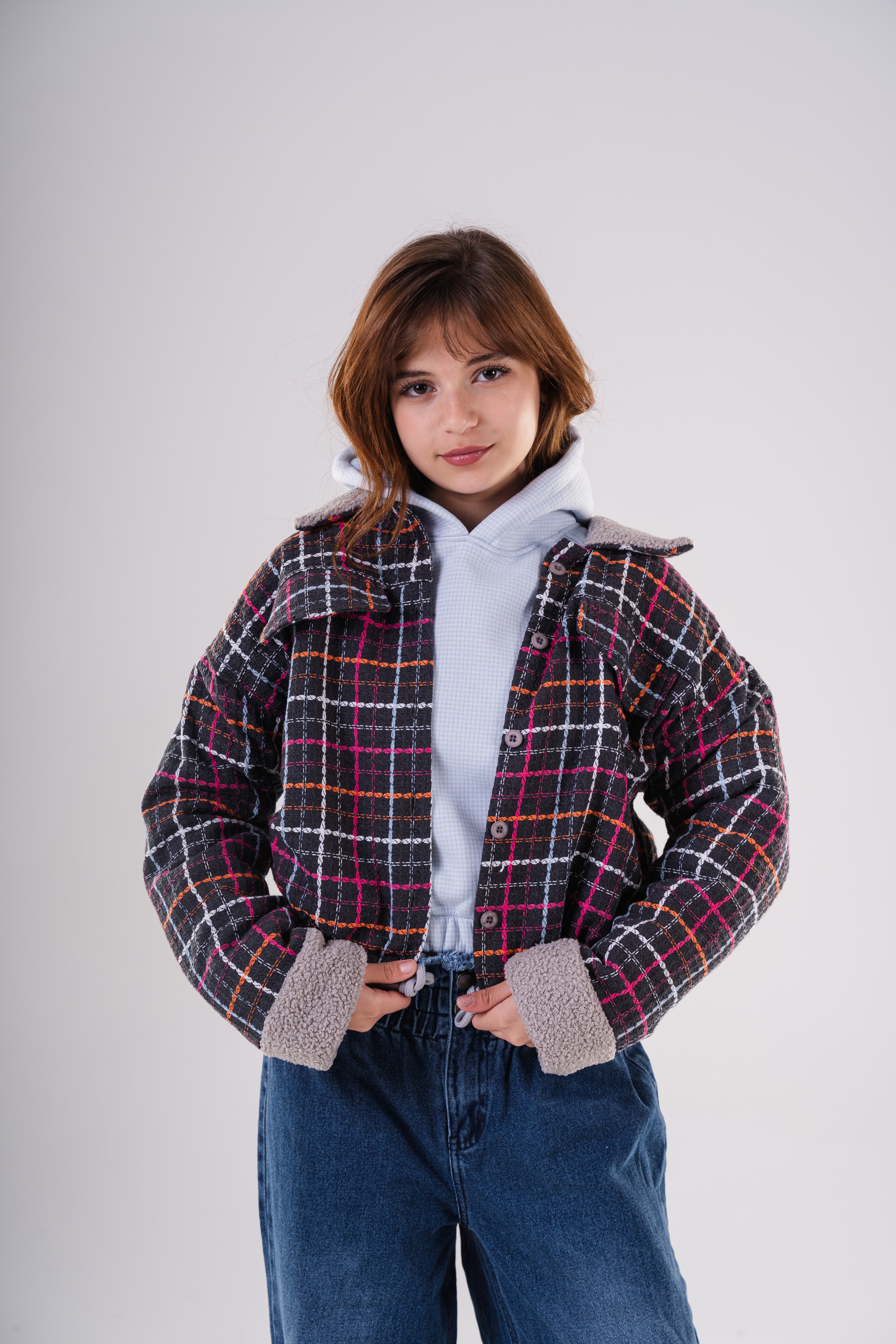 Girls Checkered Wool Blend Jacket with Fleece Cuffs