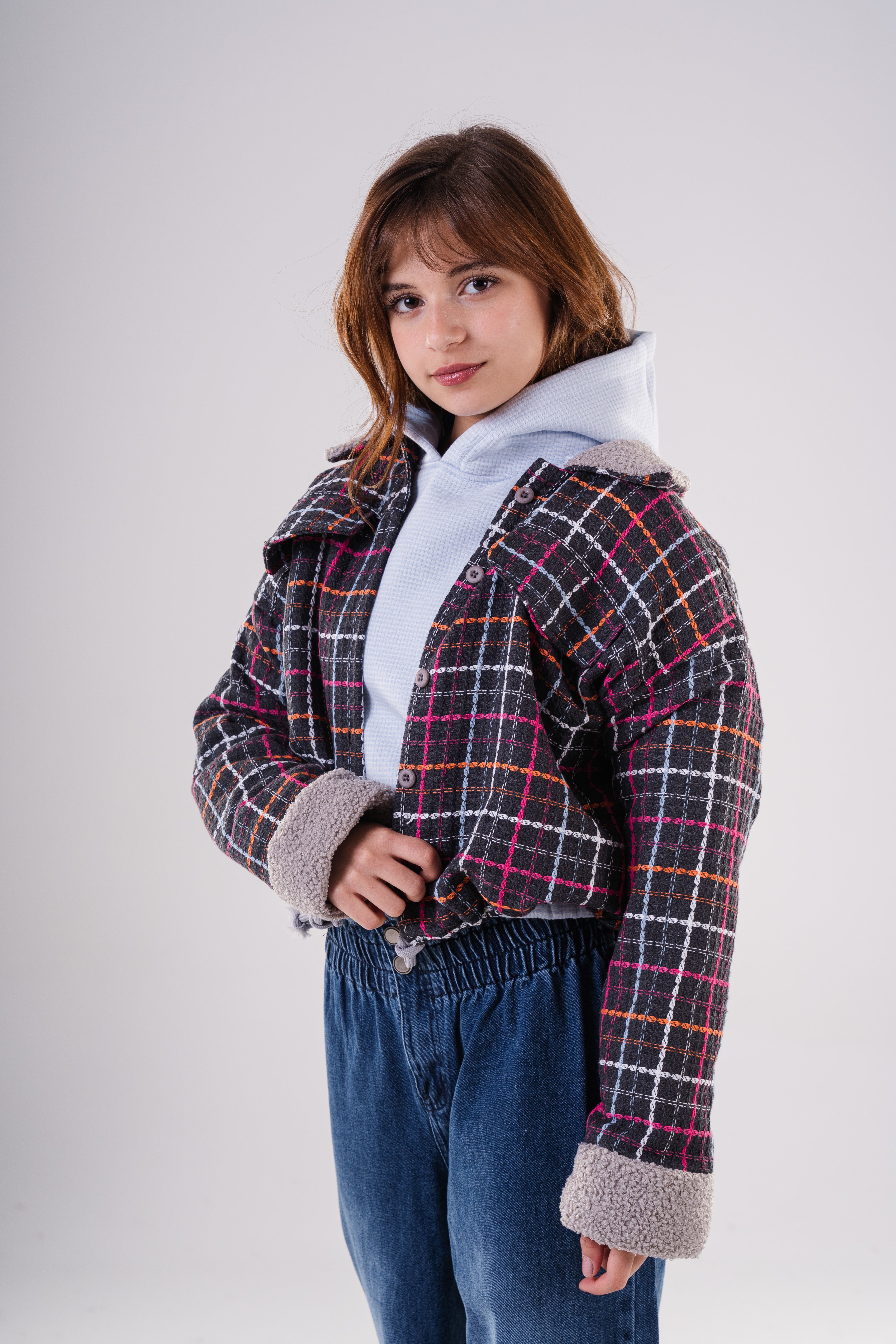 Girls Checkered Wool Blend Jacket with Fleece Cuffs