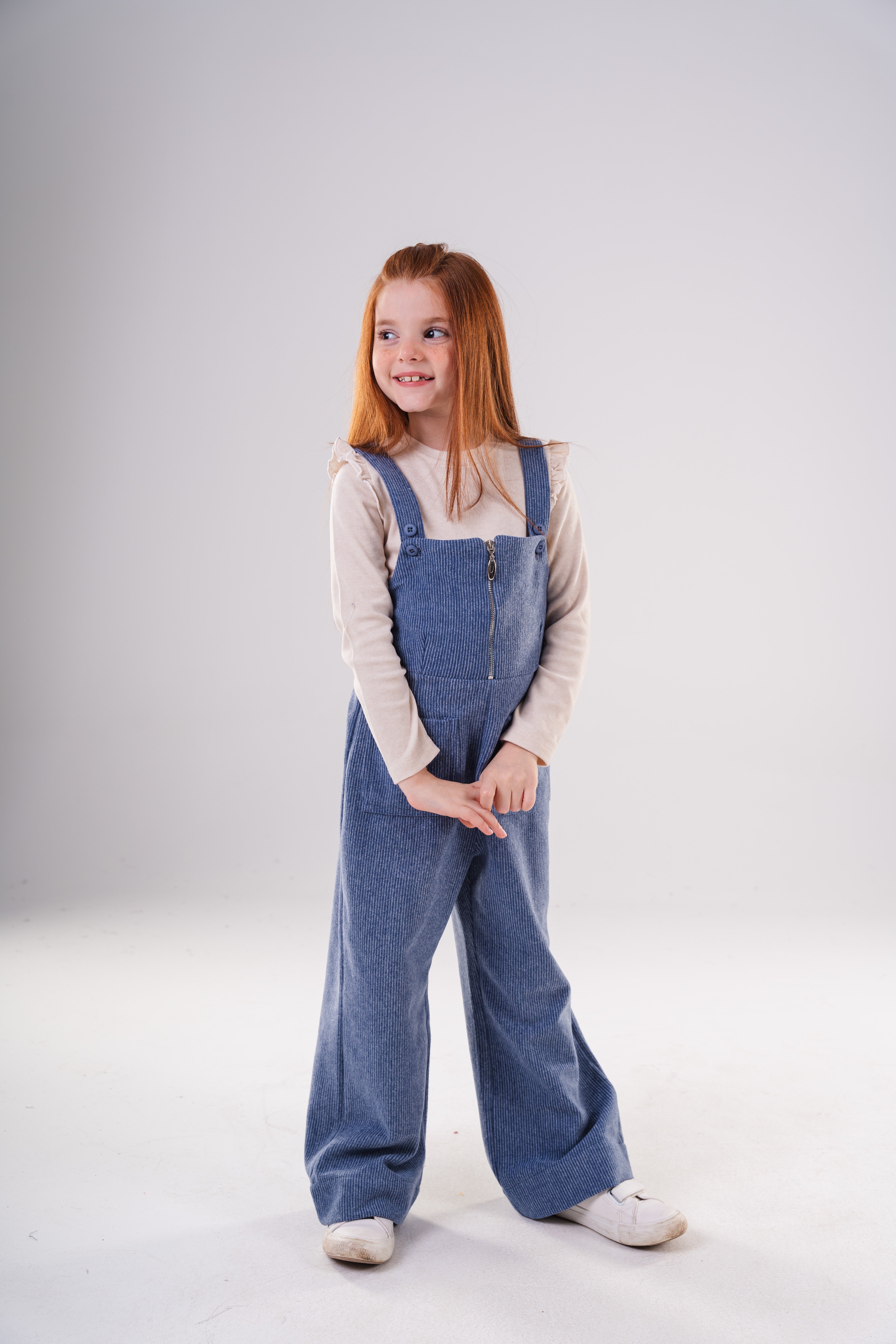 Girls Corduroy Wide-Leg Overalls Jumpsuit with Half-Zip