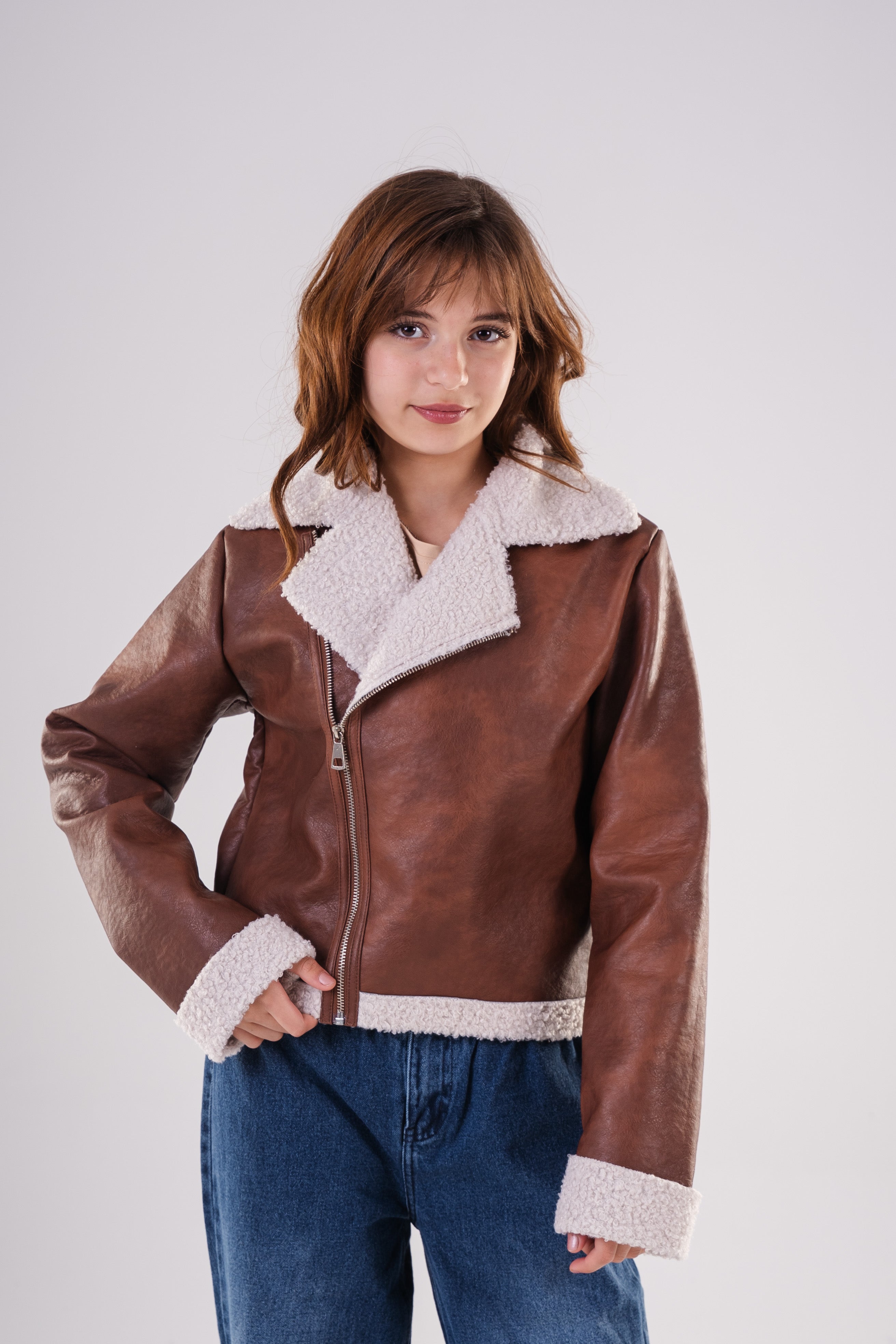 Girls Classic Aviator Style Faux Leather Jacket