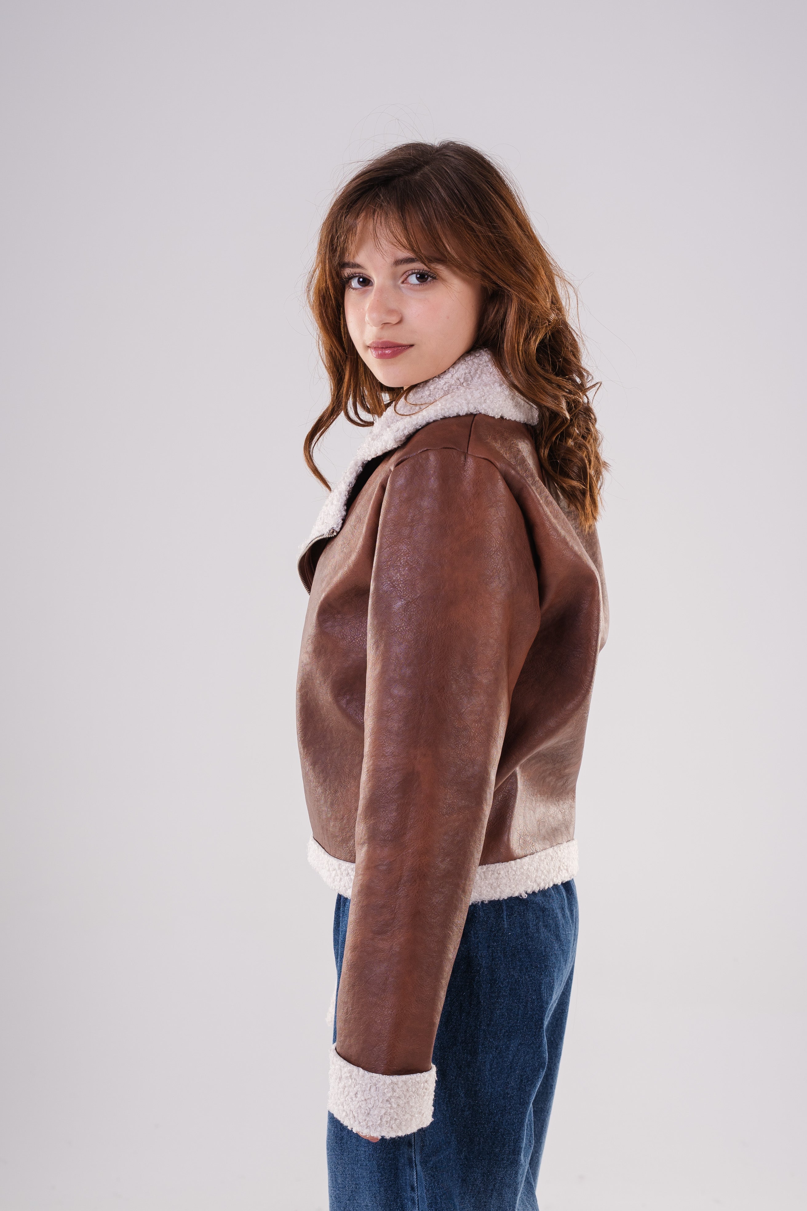 Girls Classic Aviator Style Faux Leather Jacket