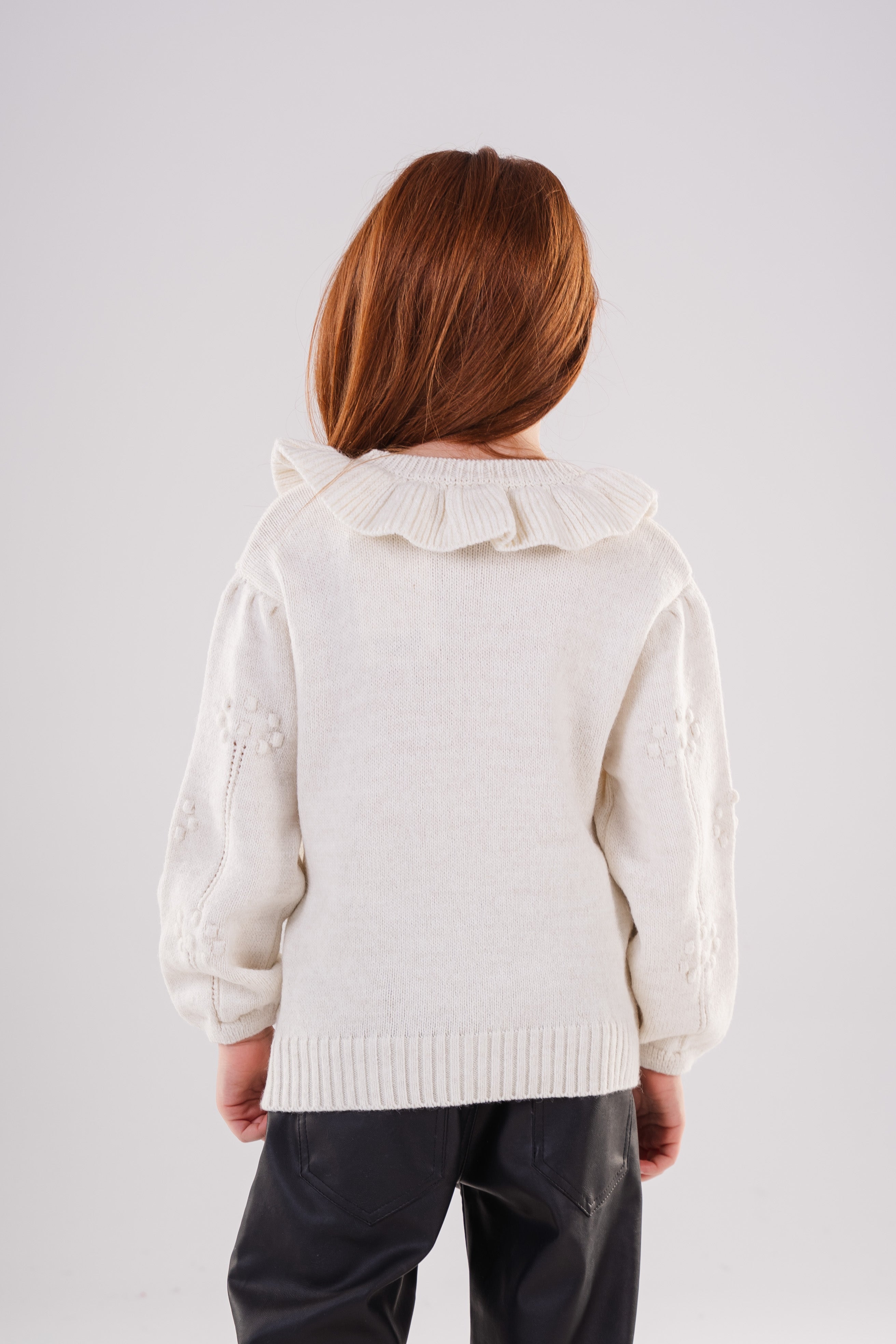 Girls Ruffled Collar Pointelle Knit Sweater