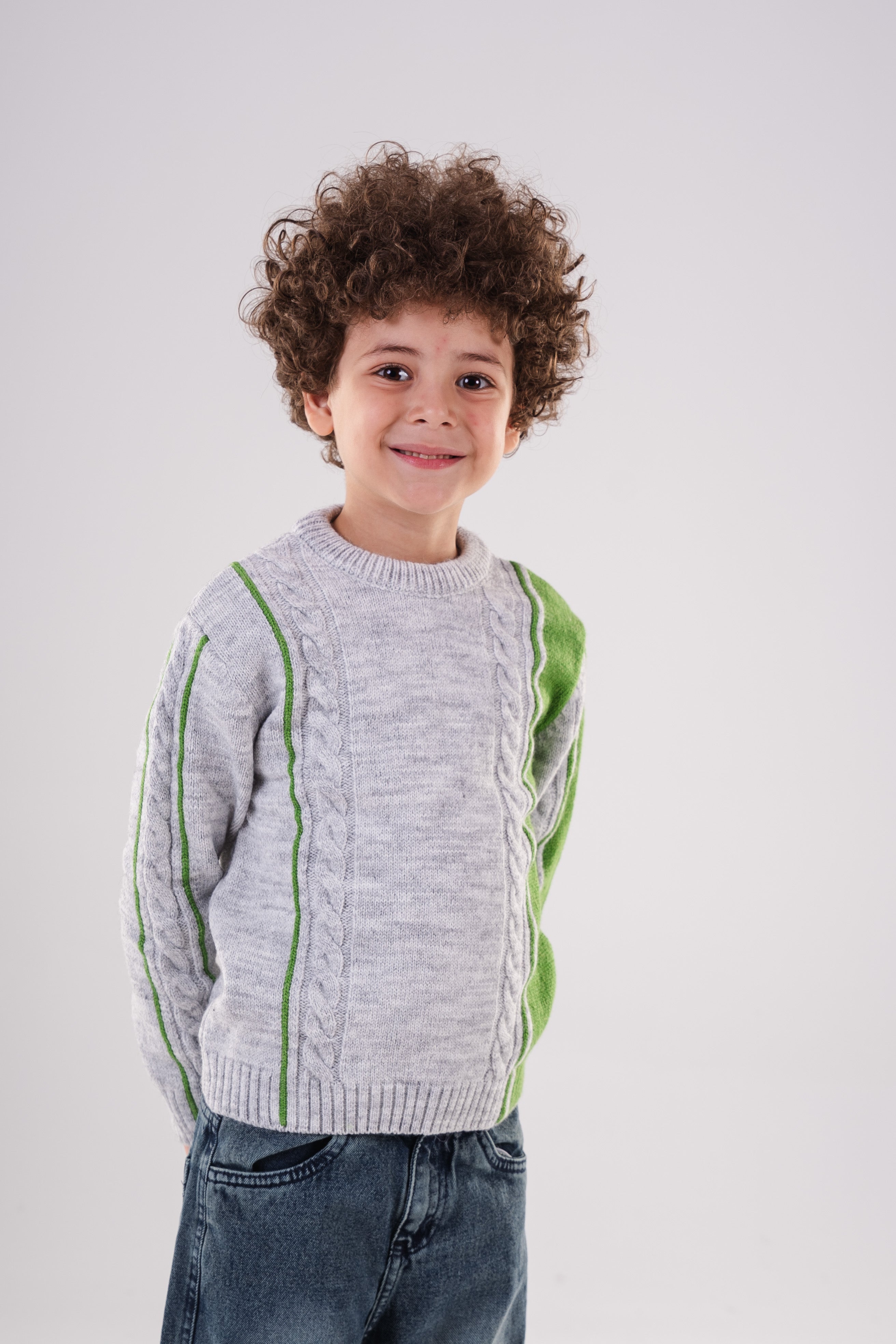 Boy's Textured Crewneck Sweater with Chunky Cable Knit