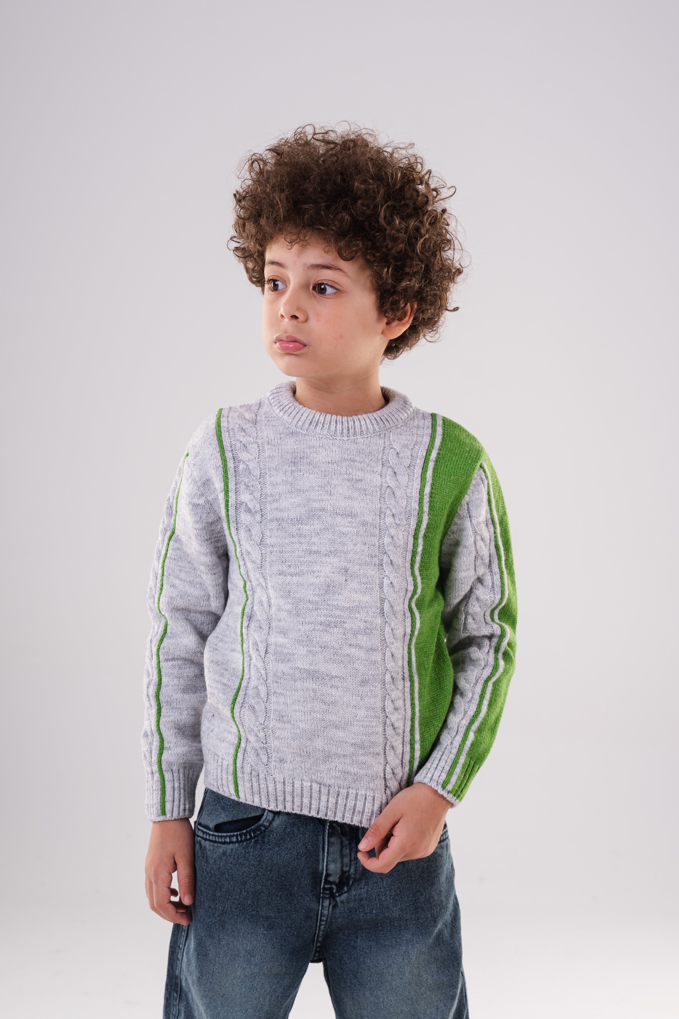 Boy's Textured Crewneck Sweater with Chunky Cable Knit