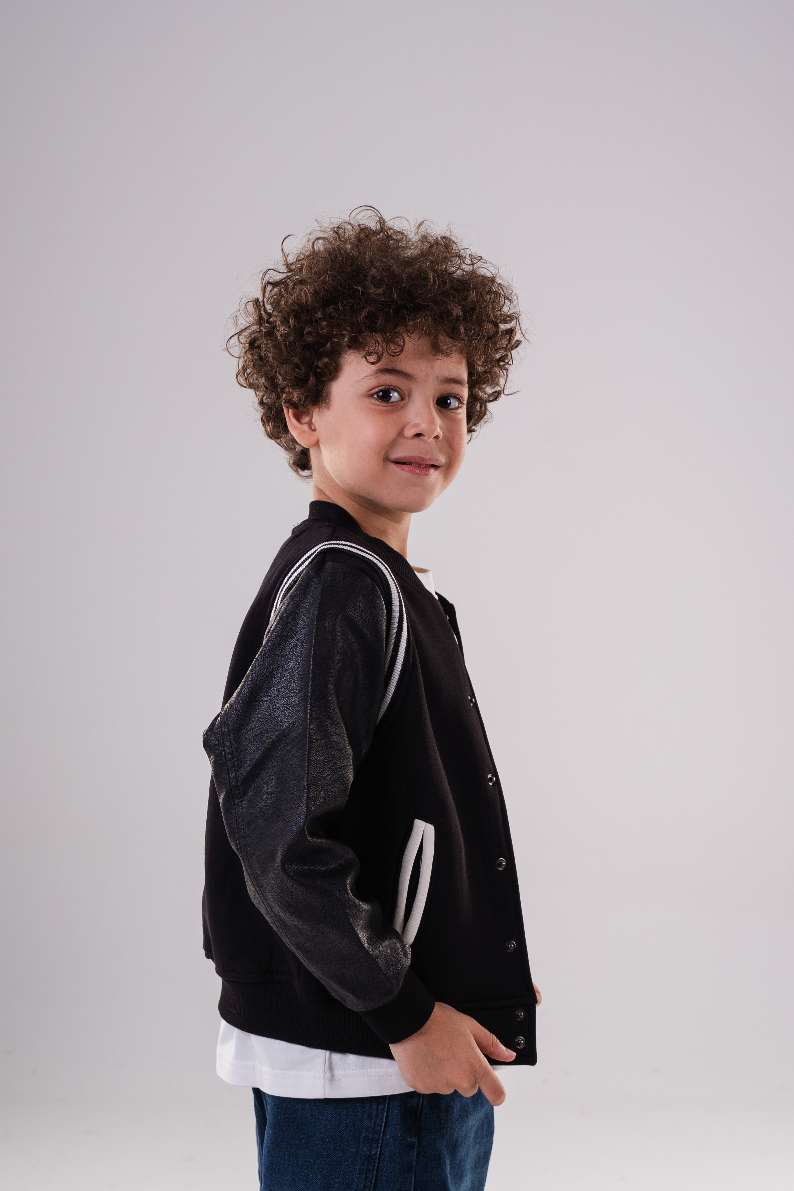 Boys Black Jacket with Faux Leather Sleeves
