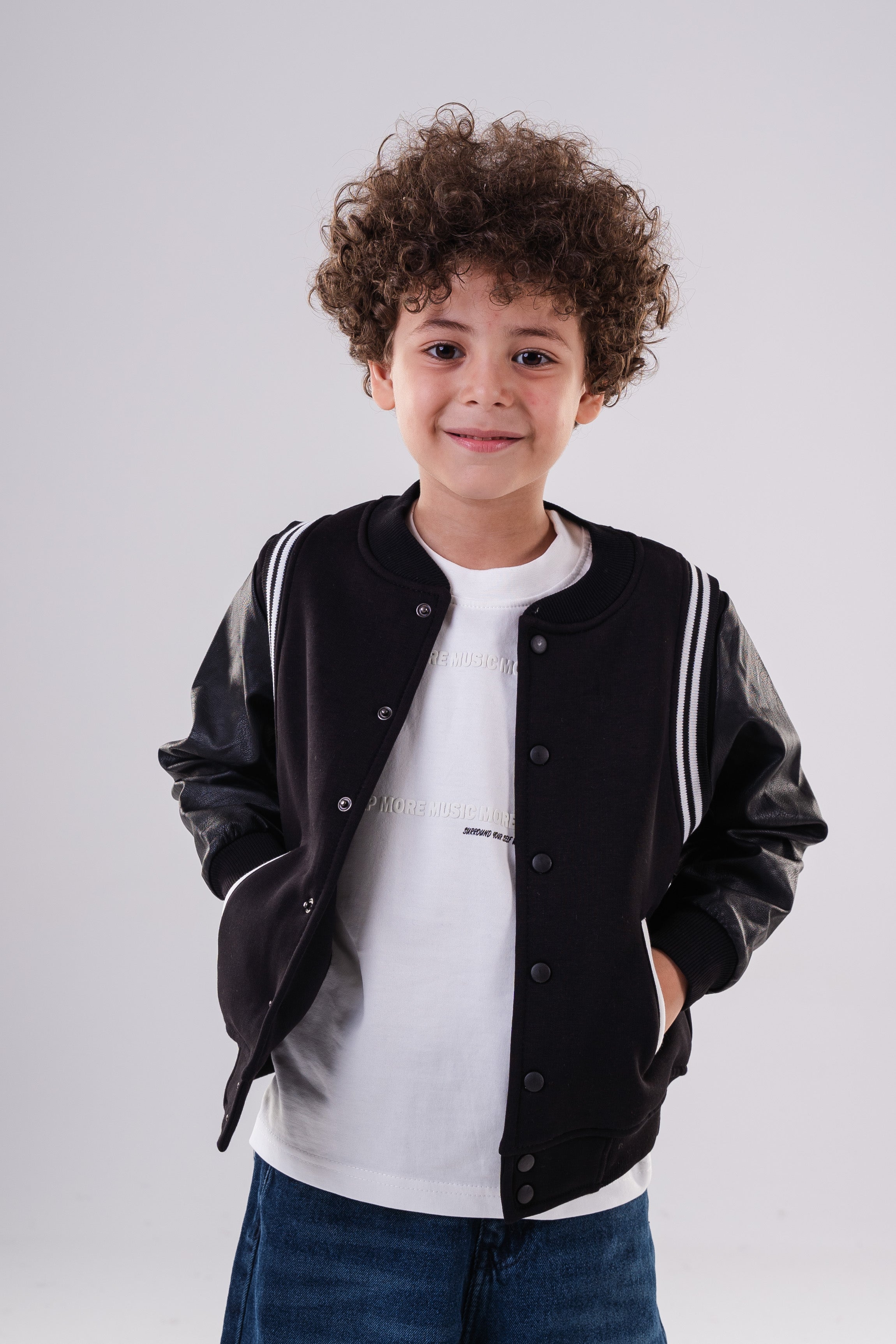 Boys Black Jacket with Faux Leather Sleeves