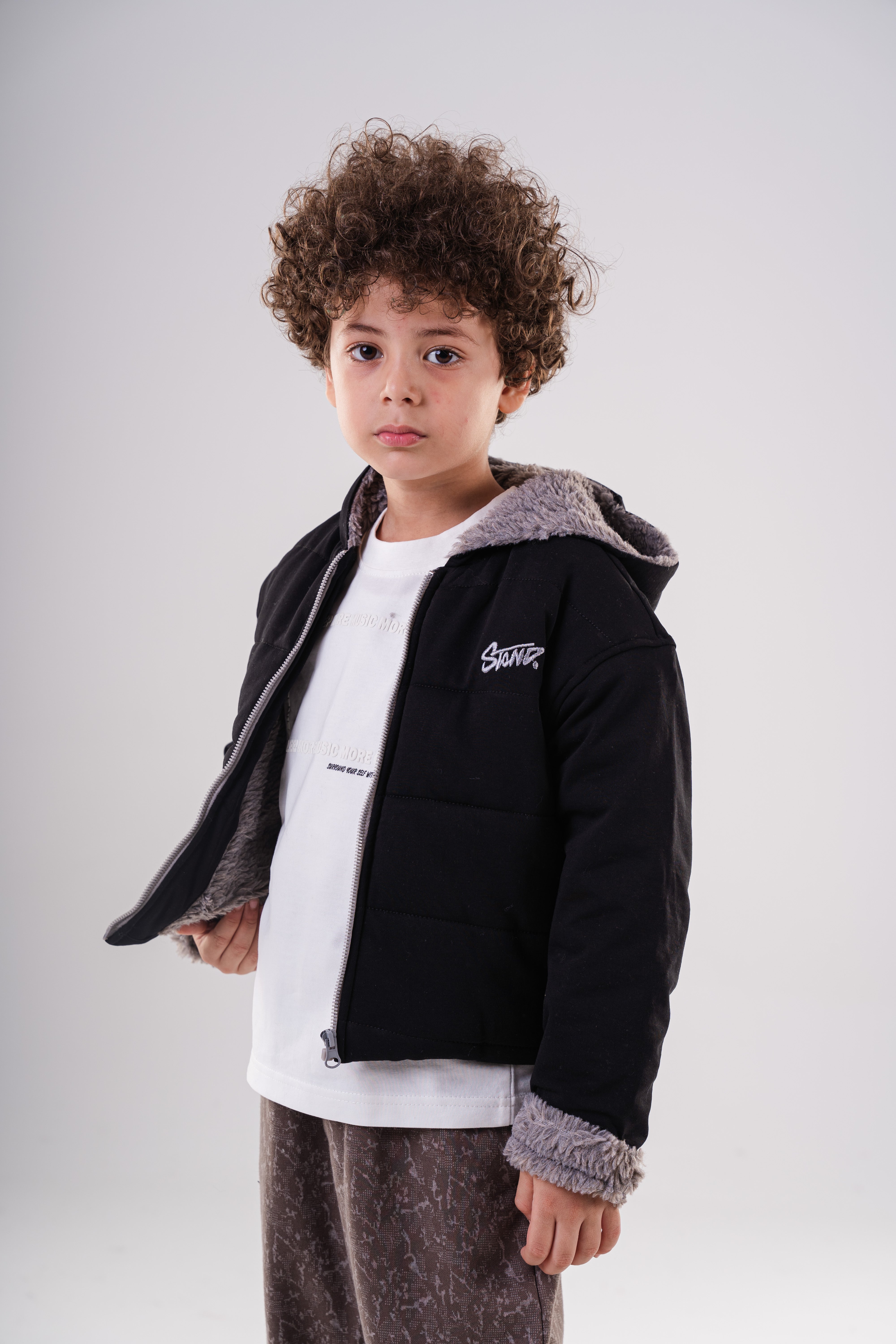 Padded Bomber Jacket with Hood and Fur Details