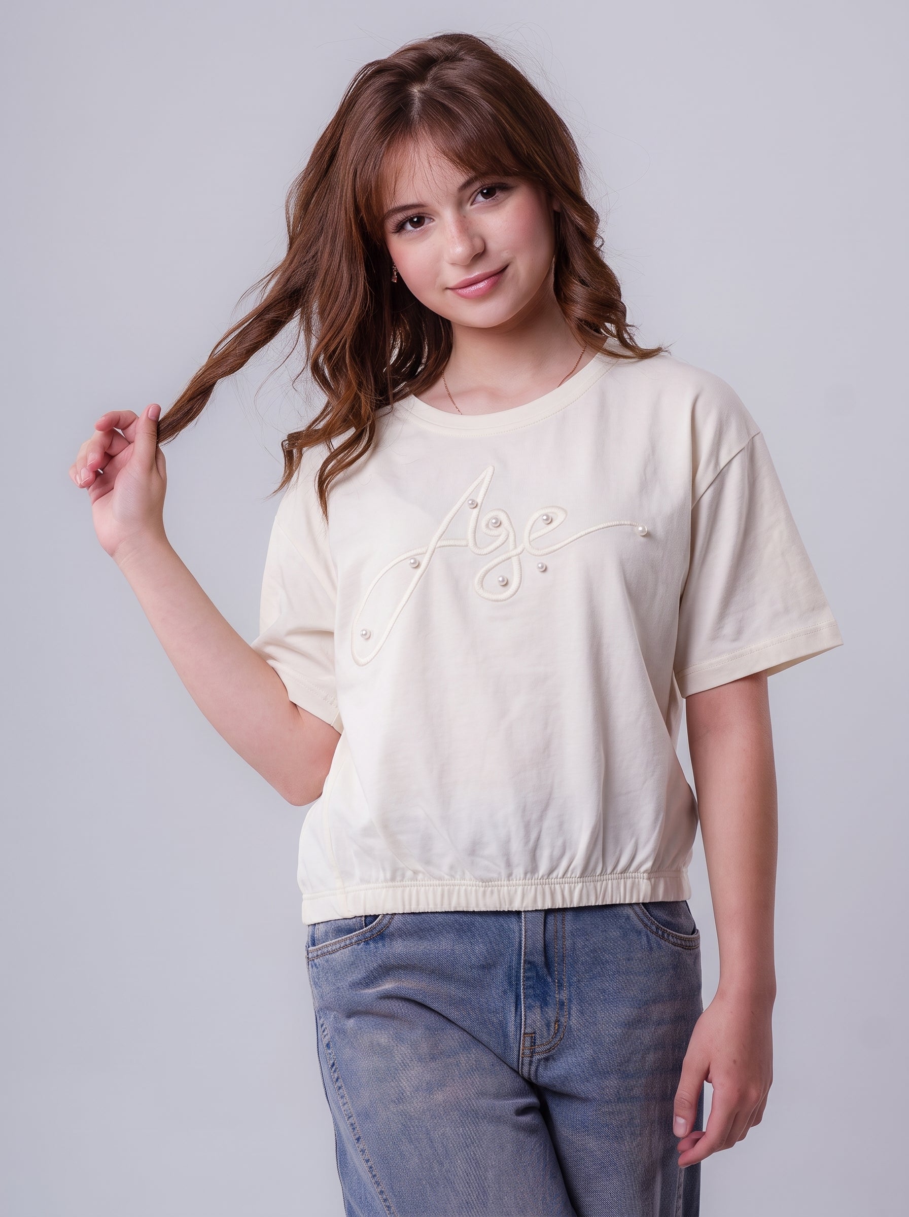 Girls' Elastic-Hem Embroidered Tee