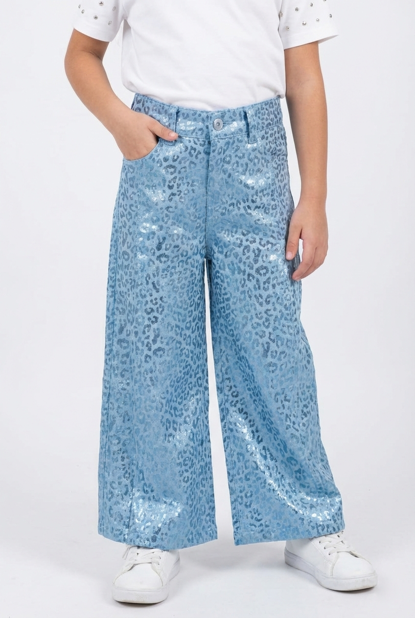Girls’ Leopard Print High-Waist Trousers – Trendy Wide-Leg Pants