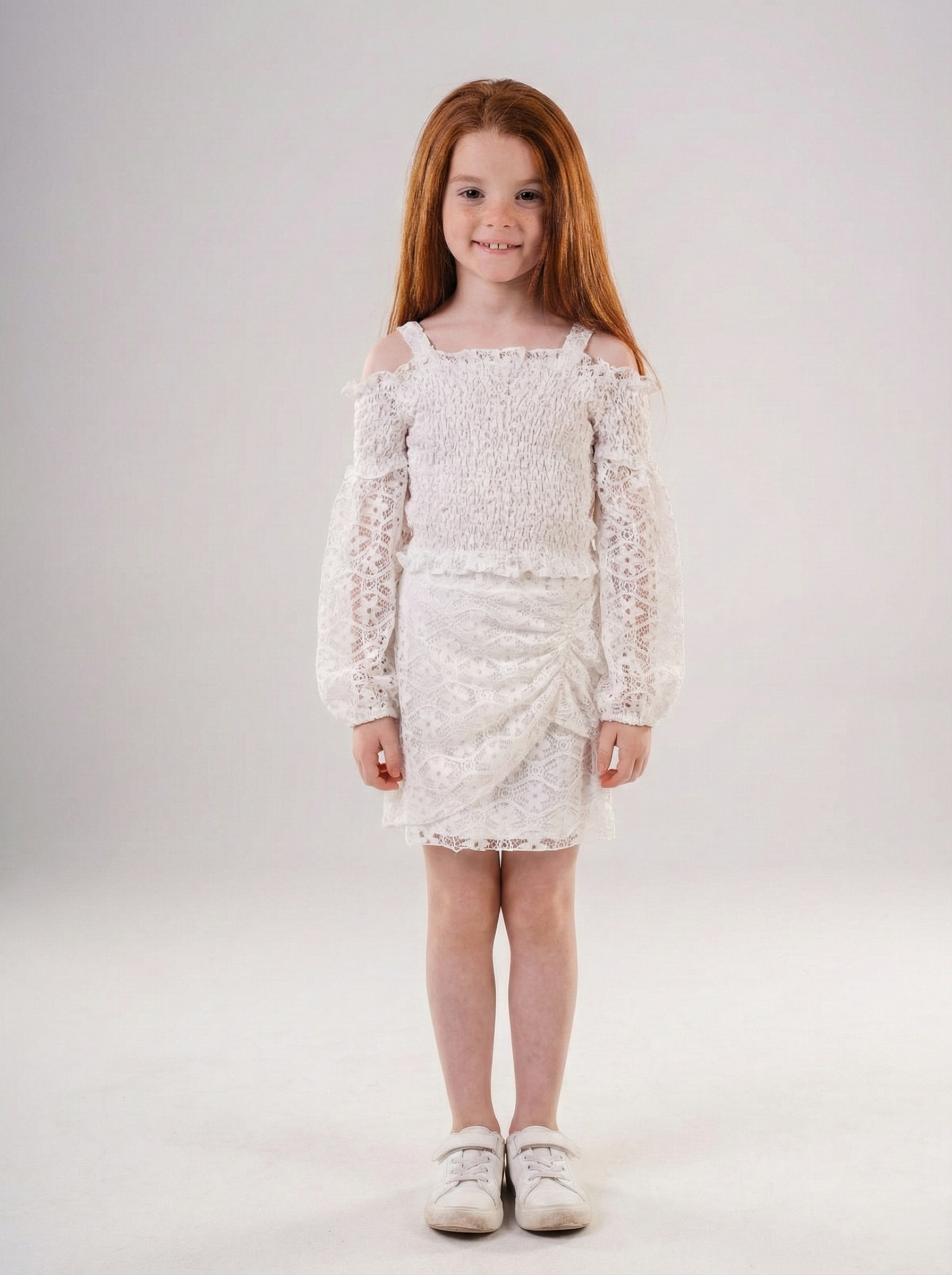 Girls' White Smocked Lace Off-the-Shoulder Top – Elegant Long